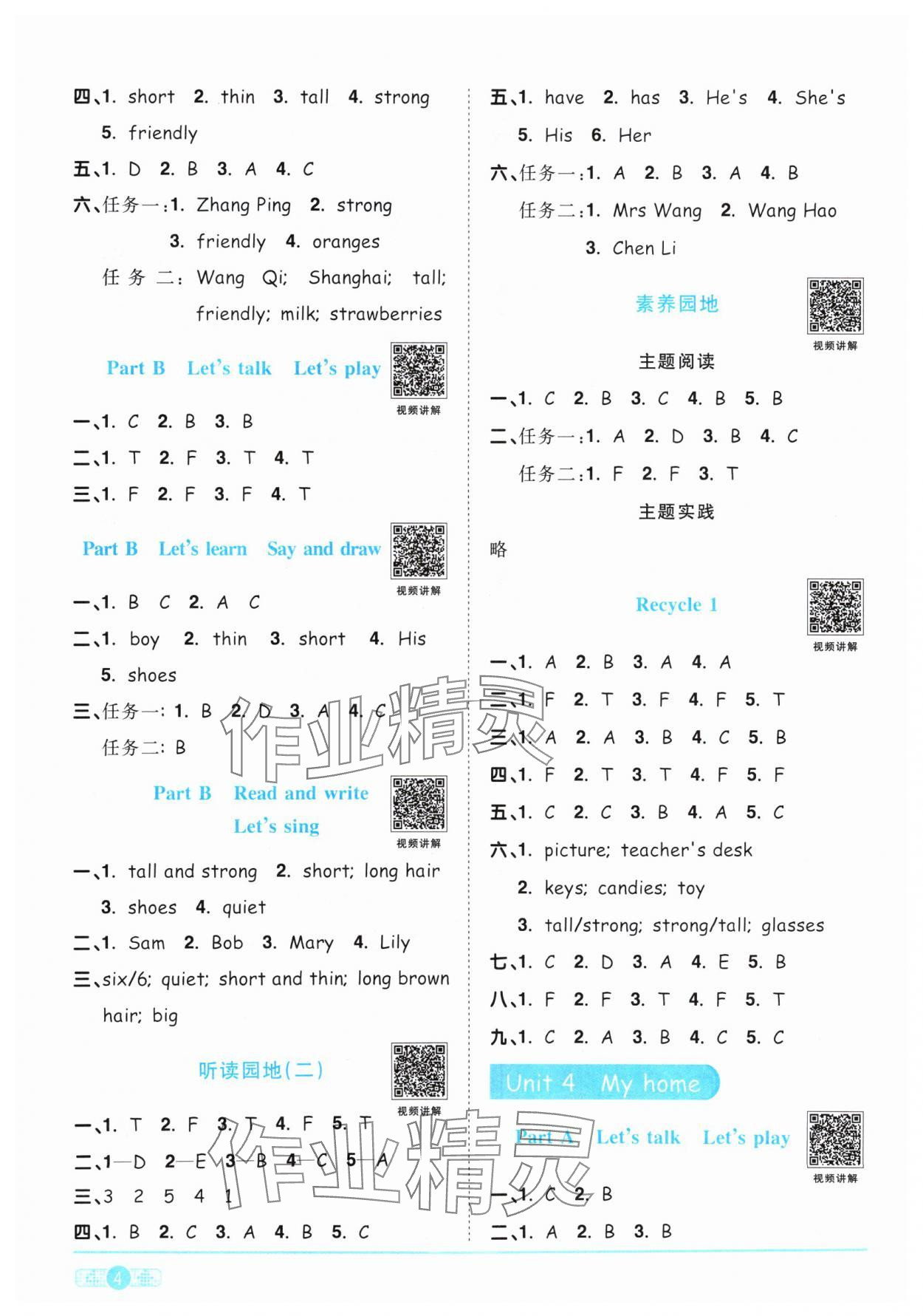 2024年阳光同学课时优化作业四年级英语上册人教PEP版&nbsp;参考答案第4页