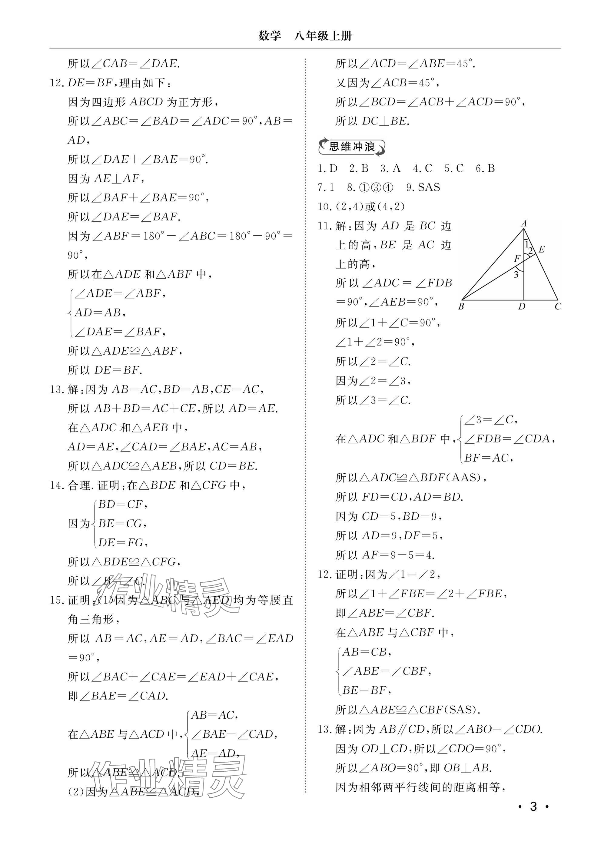 2024年行知天下八年级数学上册青岛版&nbsp;参考答案第3页