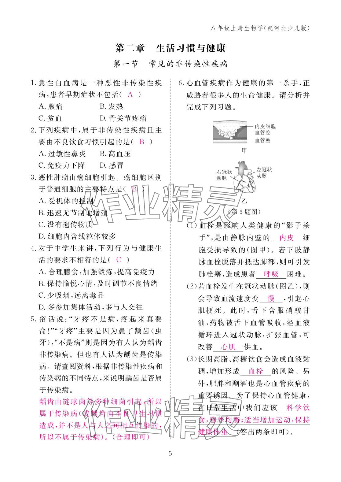 2025年作业本江西教育出版社八年级生物上册冀少版&nbsp;参考答案第5页