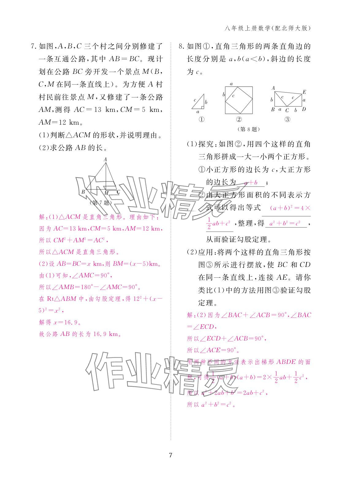 2025年作业本江西教育出版社八年级数学上册北师大版&nbsp;参考答案第7页