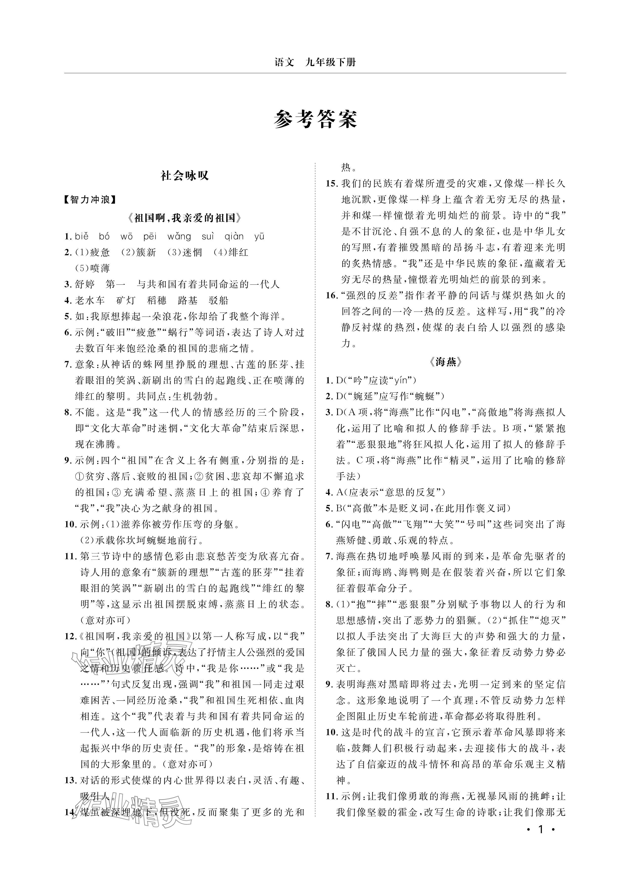 2025年行知天下九年级语文下册人教版&nbsp;参考答案第1页