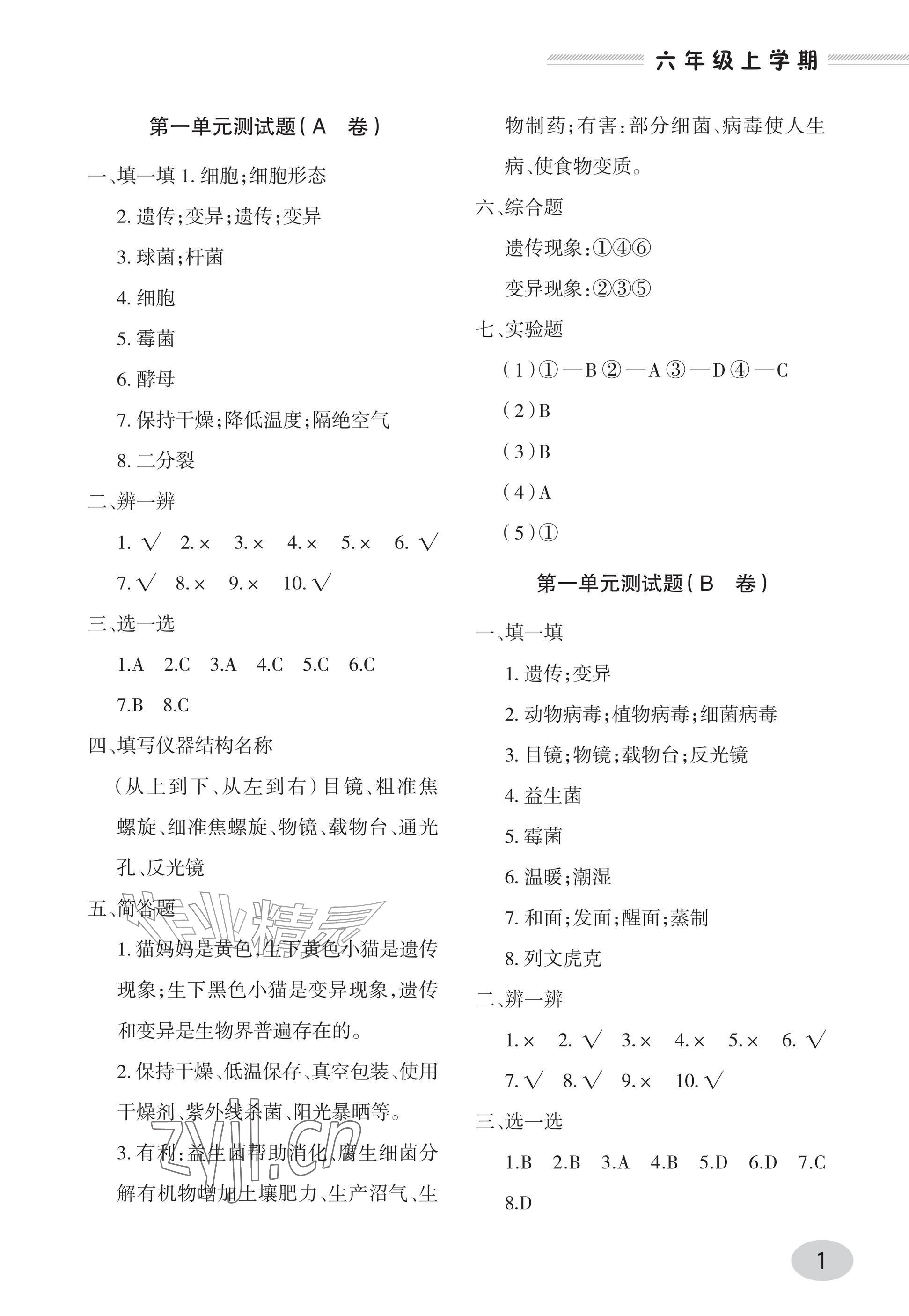 2026年单元自测试卷青岛出版社六年级科学上册青岛版&nbsp;参考答案第1页