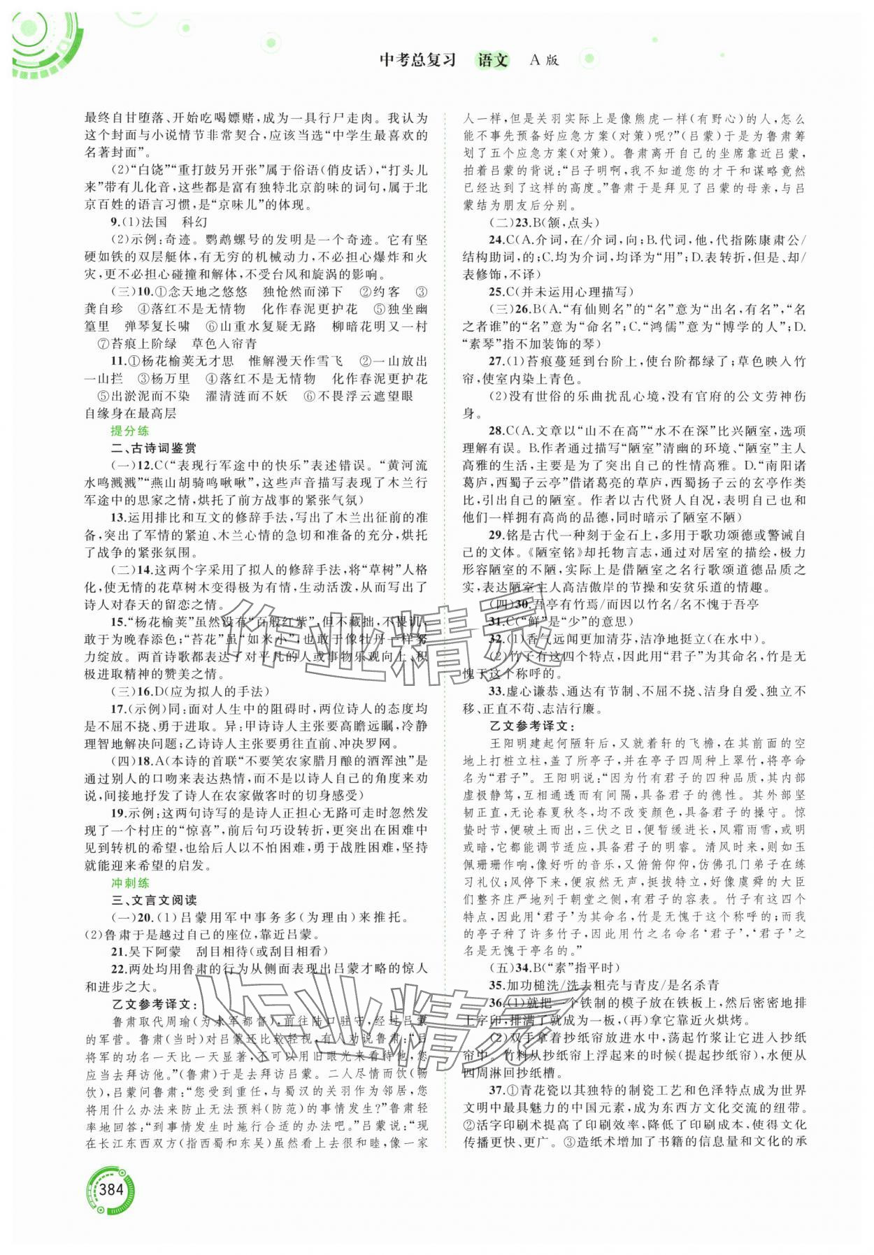2024年中考先锋中考总复习语文人教版&nbsp;参考答案第7页