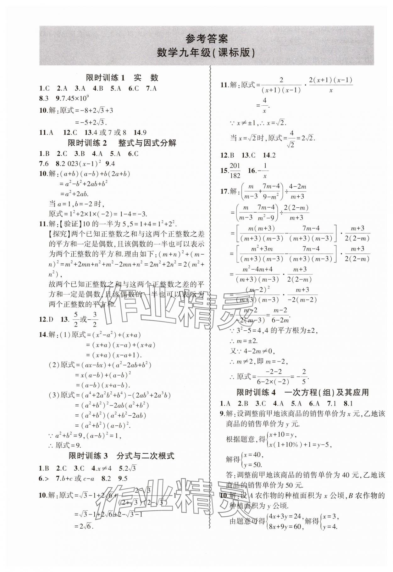 2025年假期总动员寒假必刷题九年级数学&nbsp;第1页