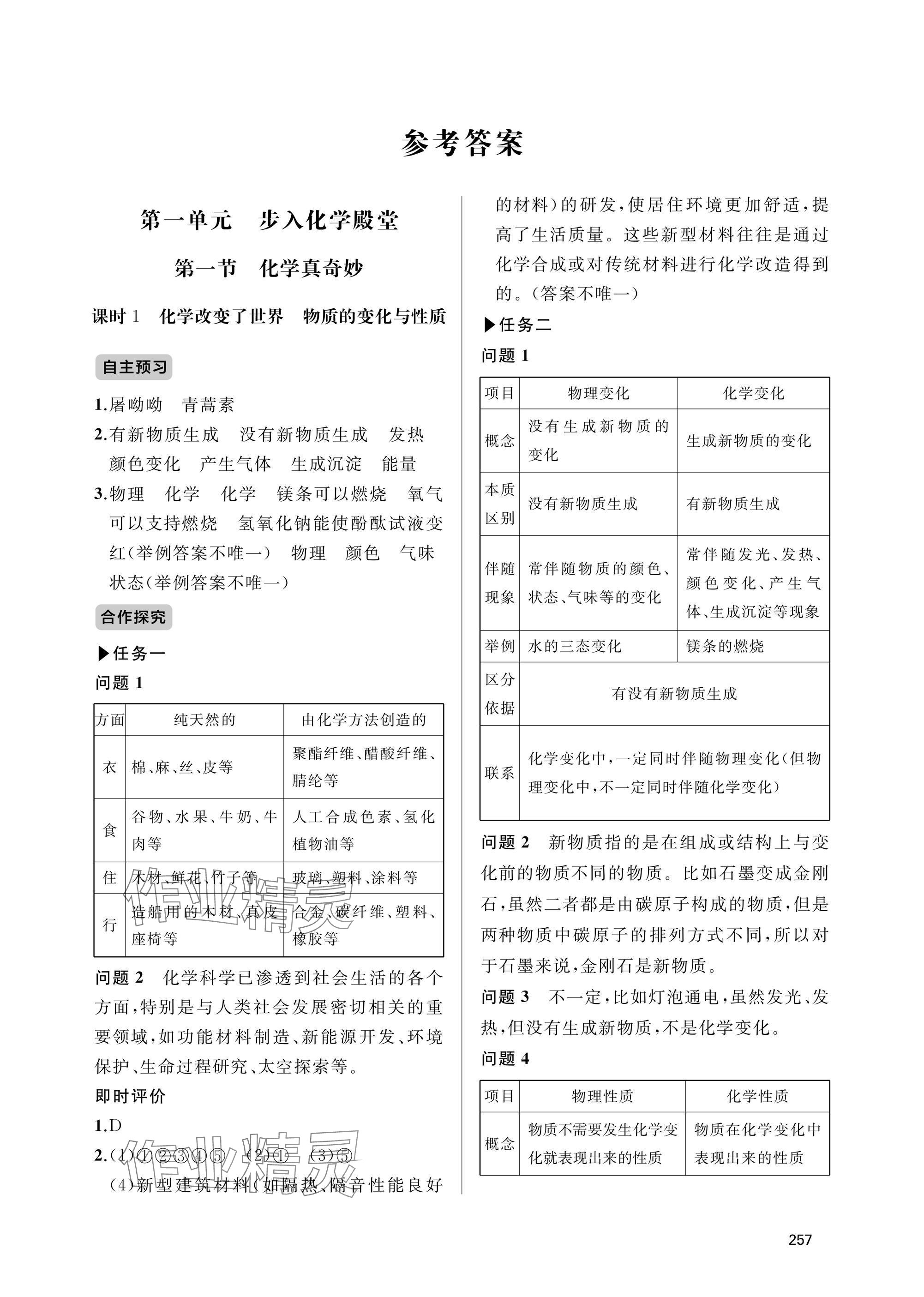 2025年新课程助学丛书九年级化学全一册鲁教版&nbsp;参考答案第1页