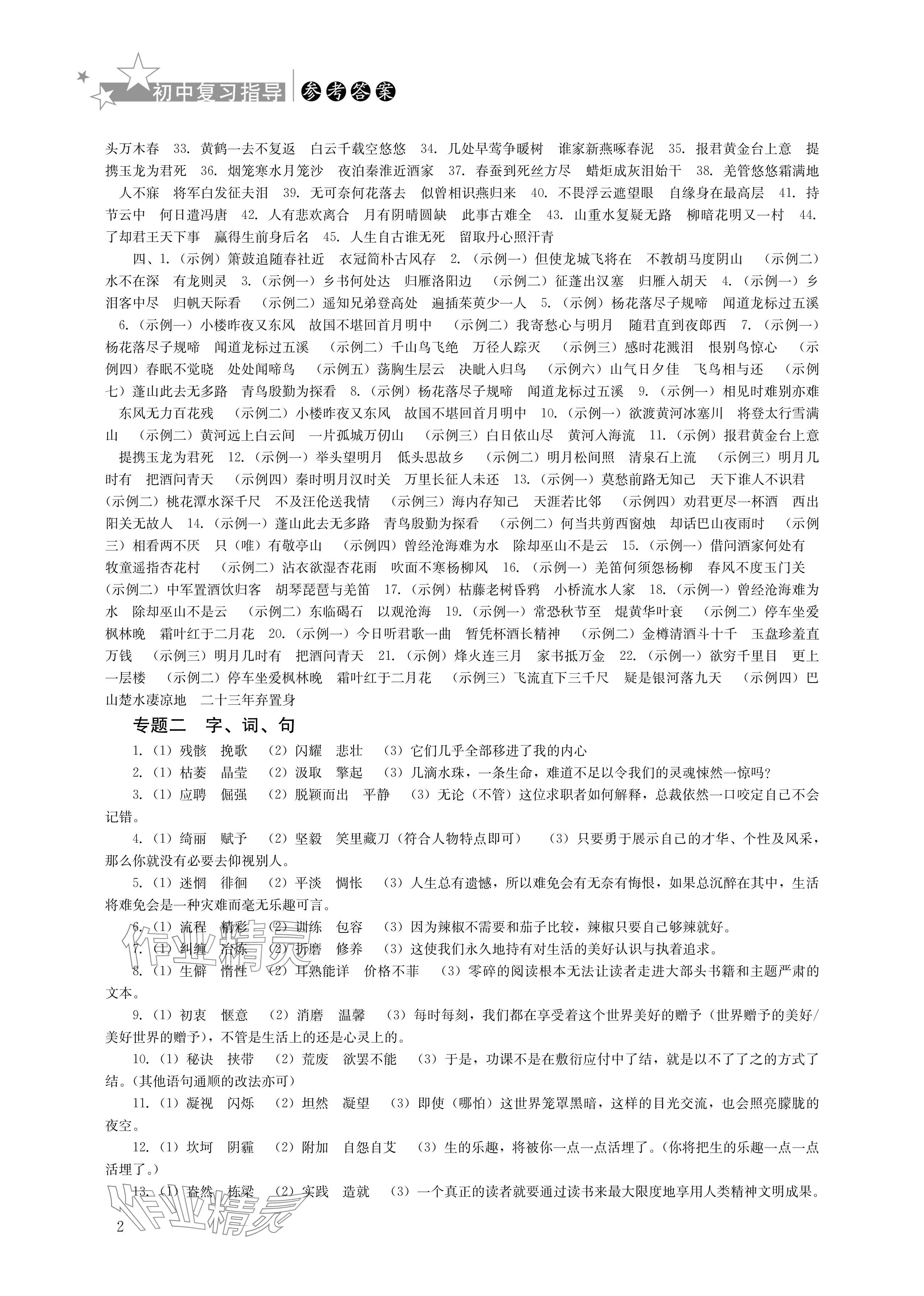 2024年初中复习指导中考语文&nbsp;参考答案第2页
