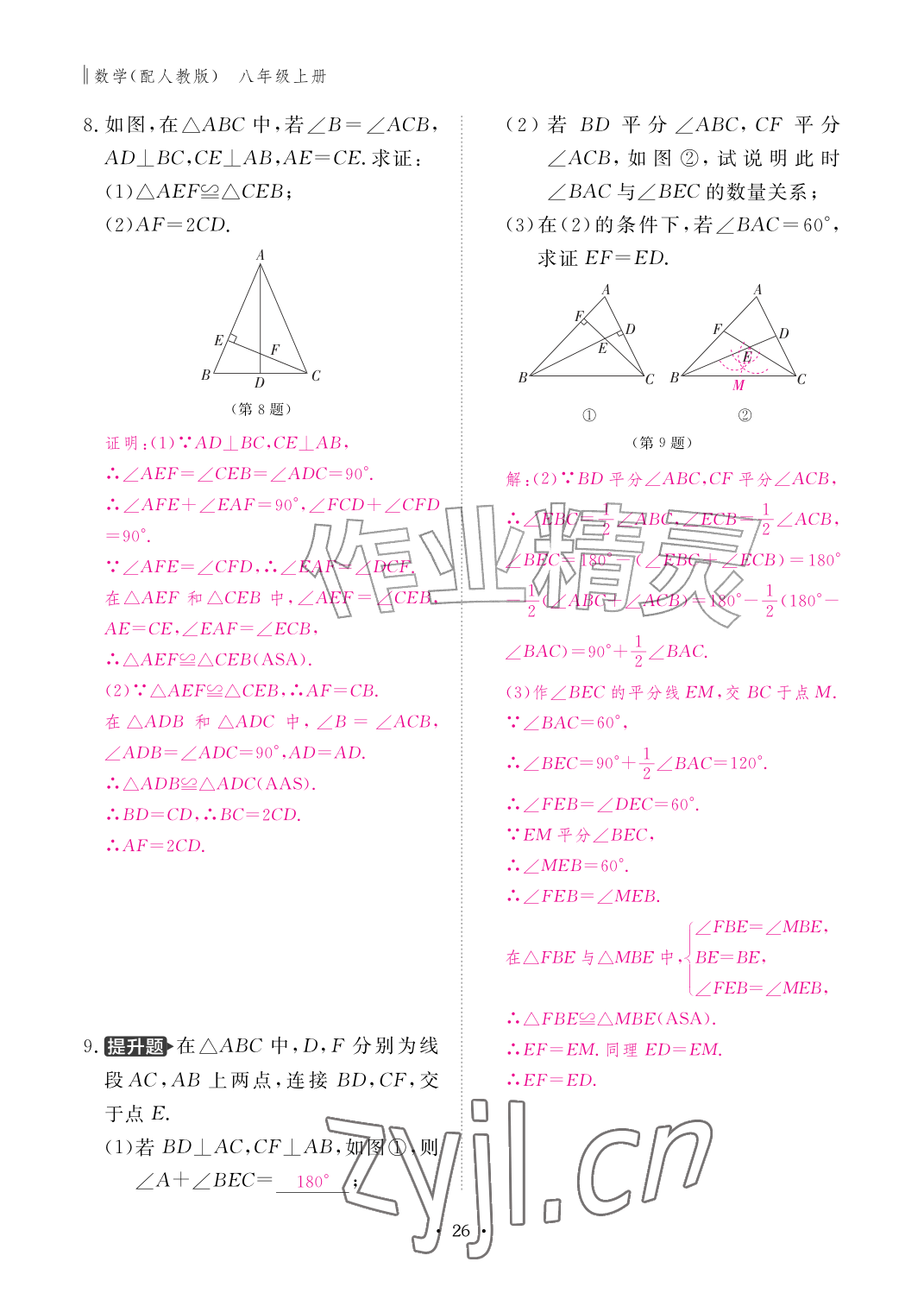 2026年作业本江西教育出版社八年级数学上册人教版&nbsp;参考答案第26页