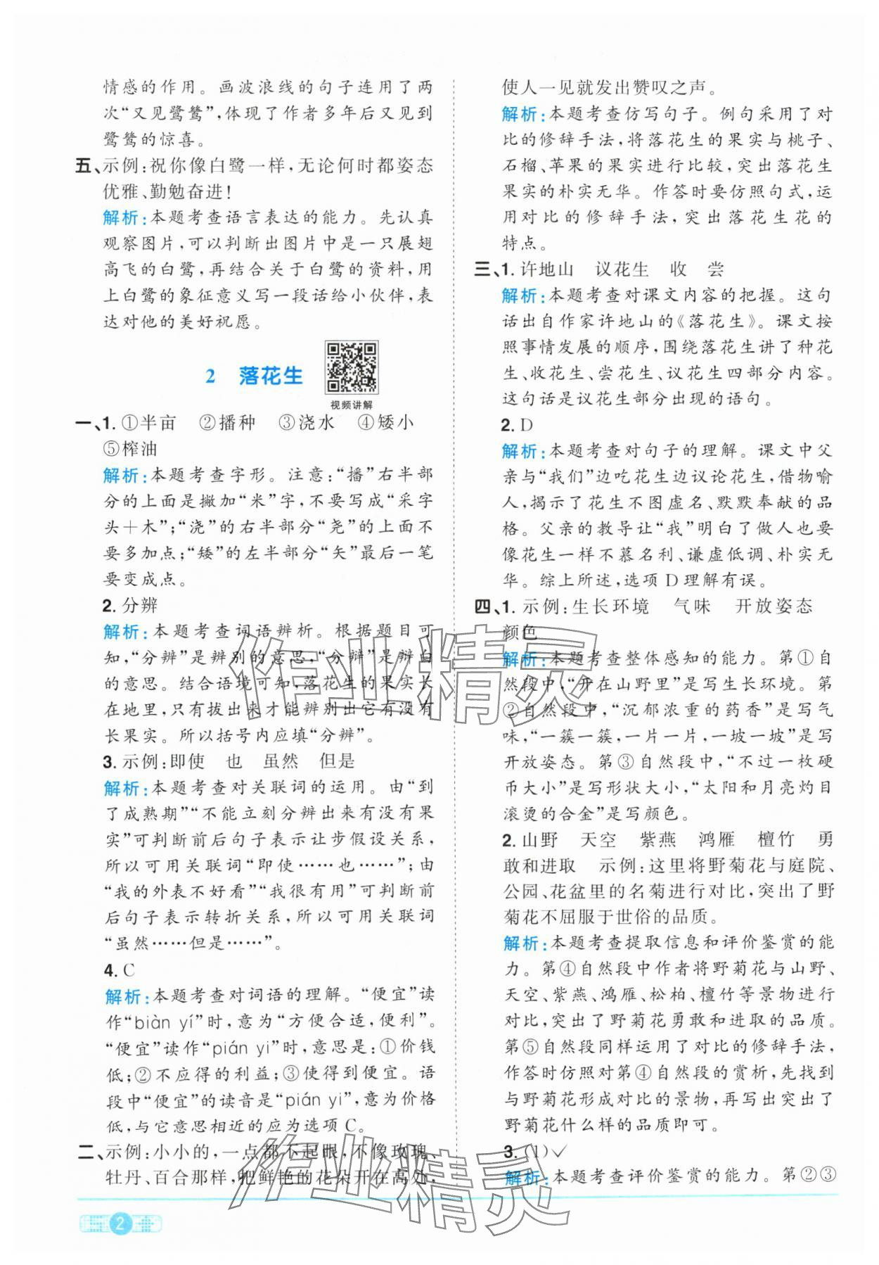 2024年阳光同学课时优化作业五年级语文上册人教版&nbsp;参考答案第2页