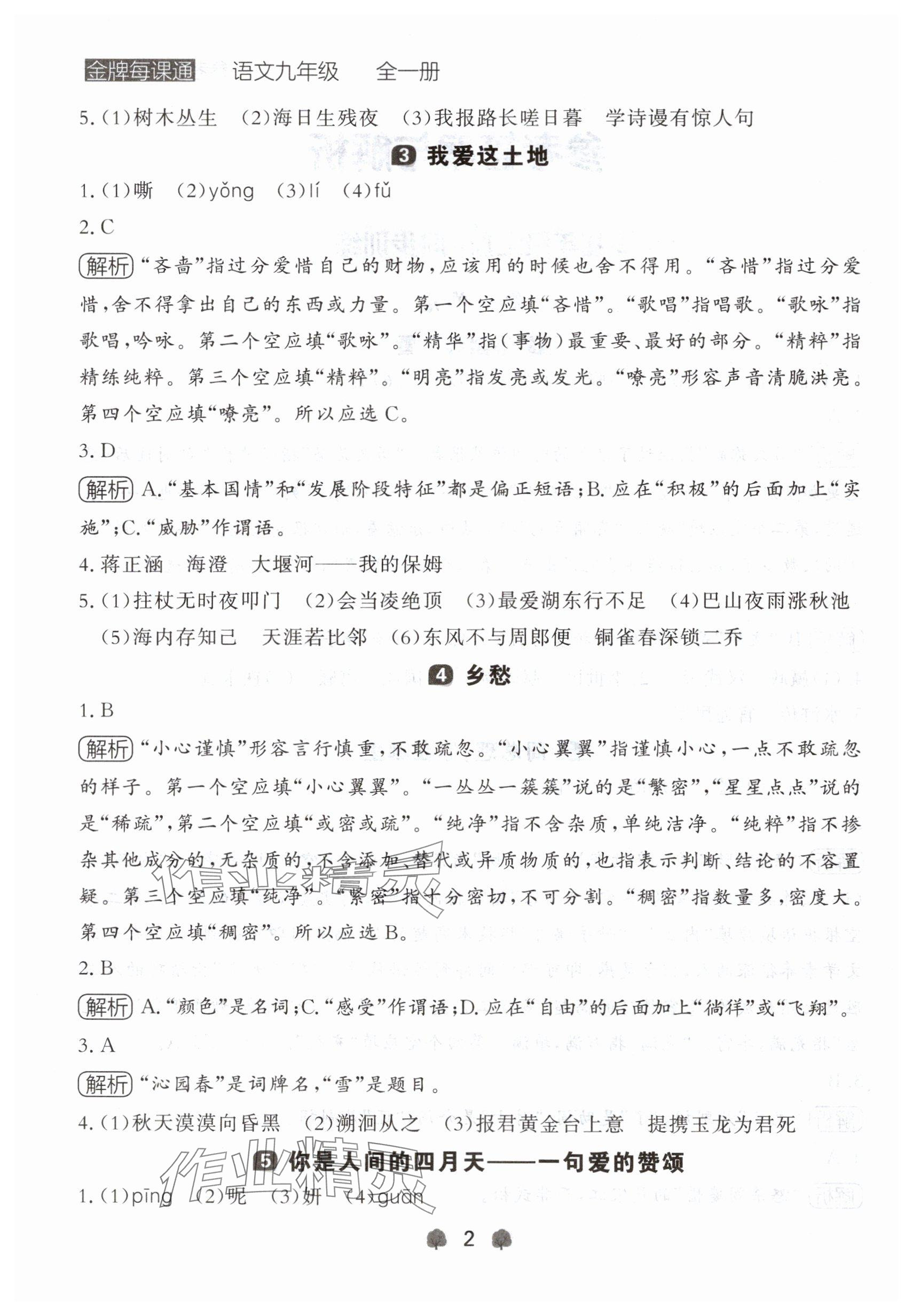 2024年点石成金金牌每课通九年级语文全一册人教版辽宁专版&nbsp;参考答案第2页