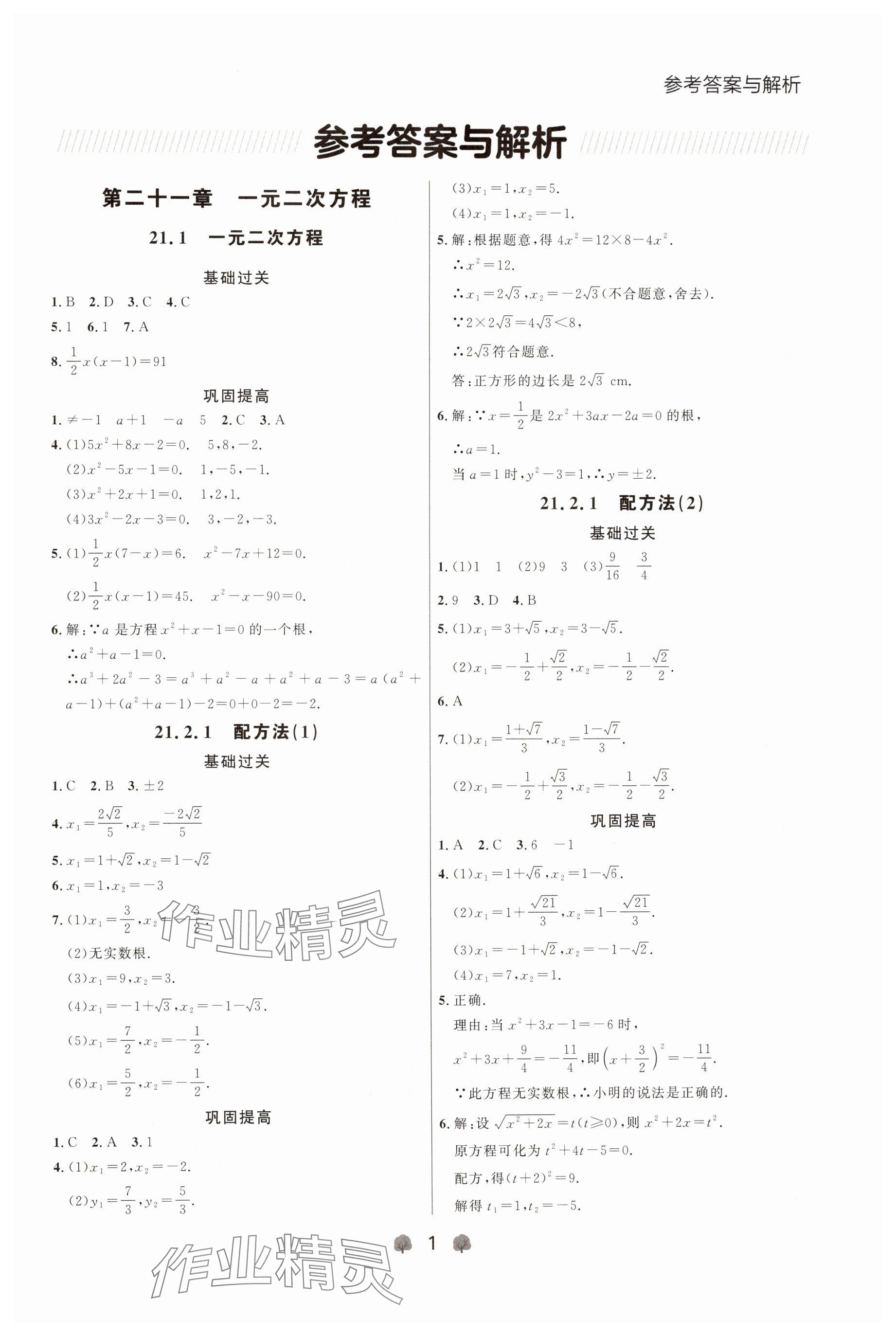 2024年点石成金金牌每课通九年级数学全一册人教版辽宁专版&nbsp;参考答案第1页
