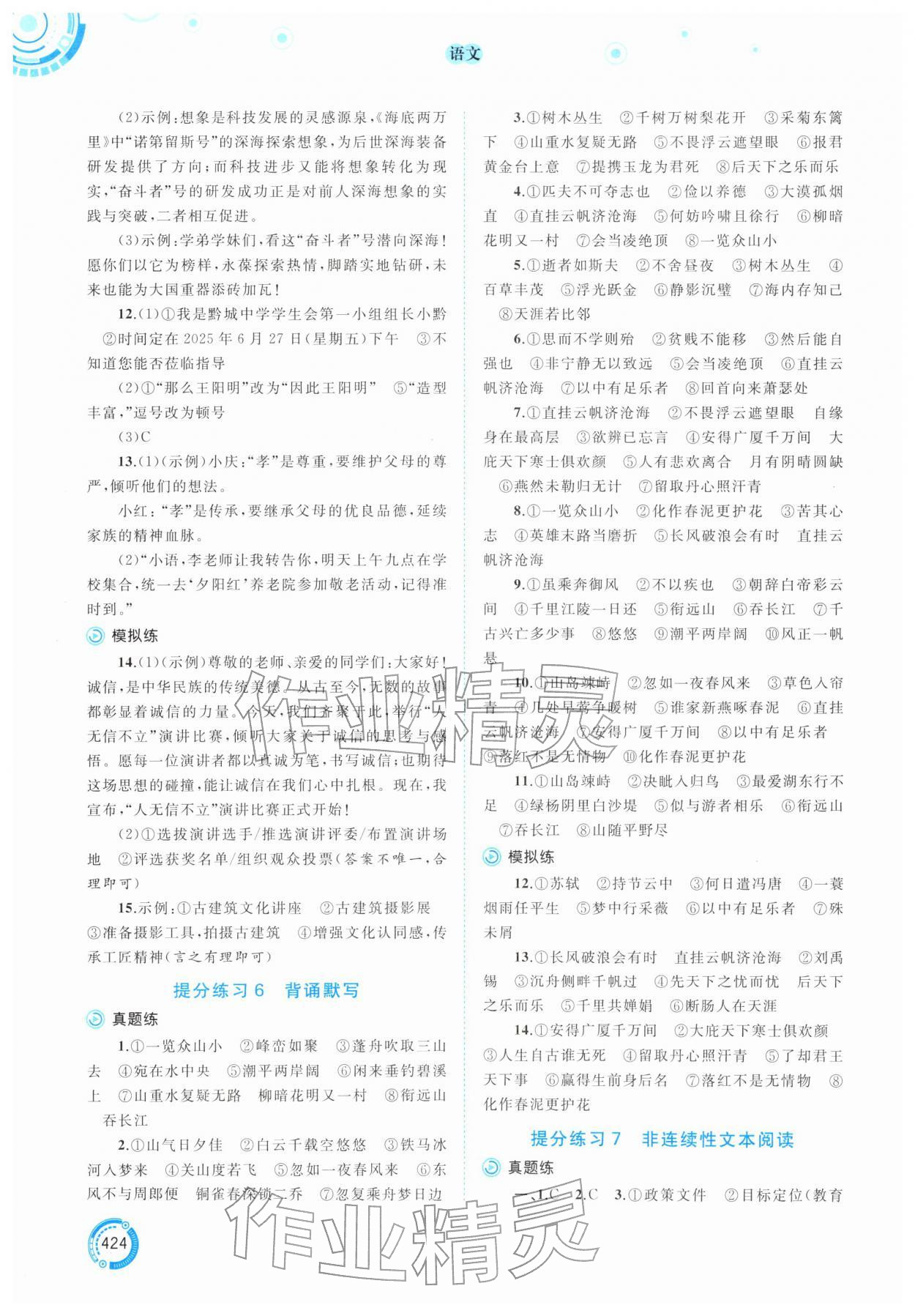 2026年中考先锋中考总复习九年级语文人教版&nbsp;参考答案第3页
