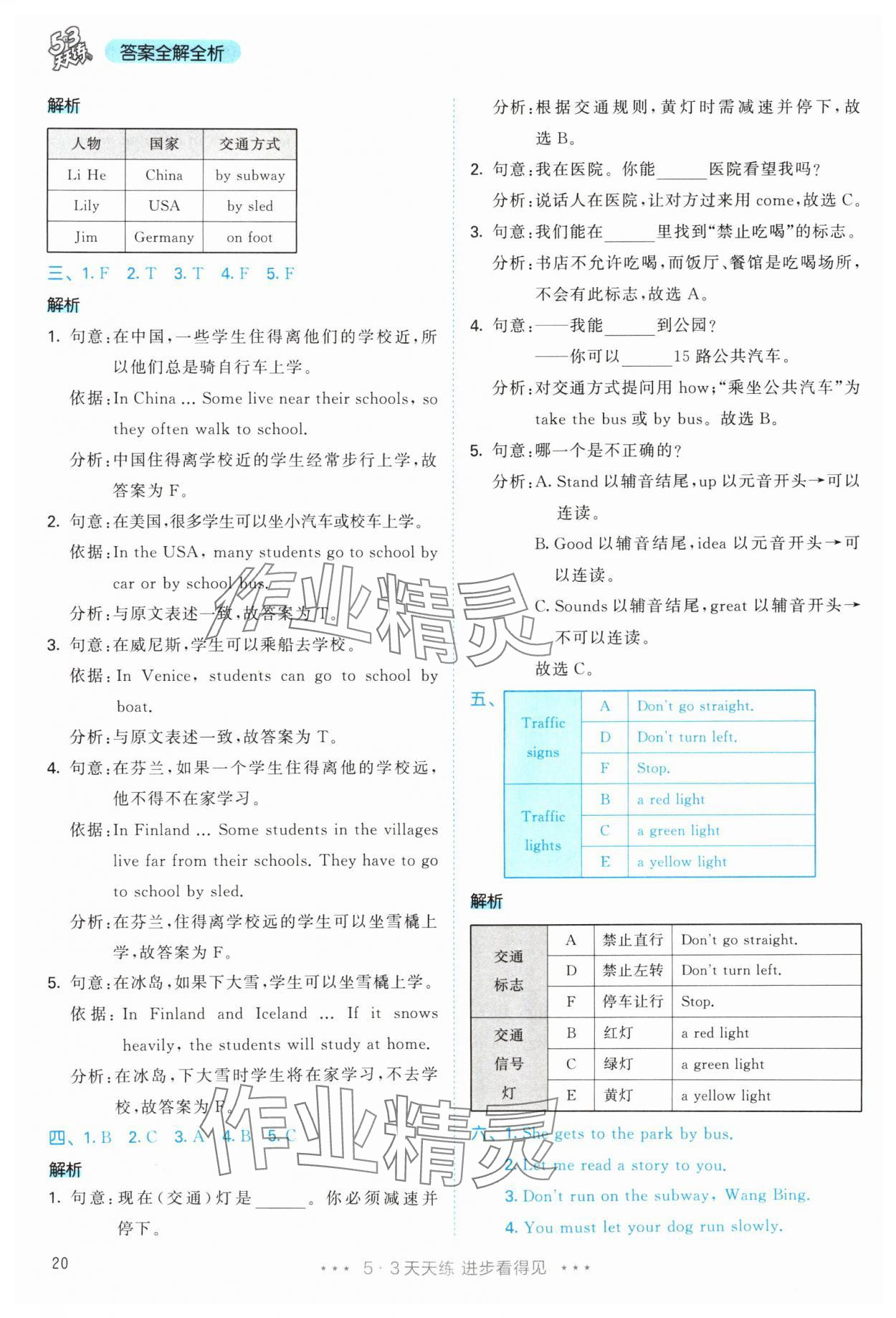 2025年53天天练六年级英语上册人教版&nbsp;参考答案第20页