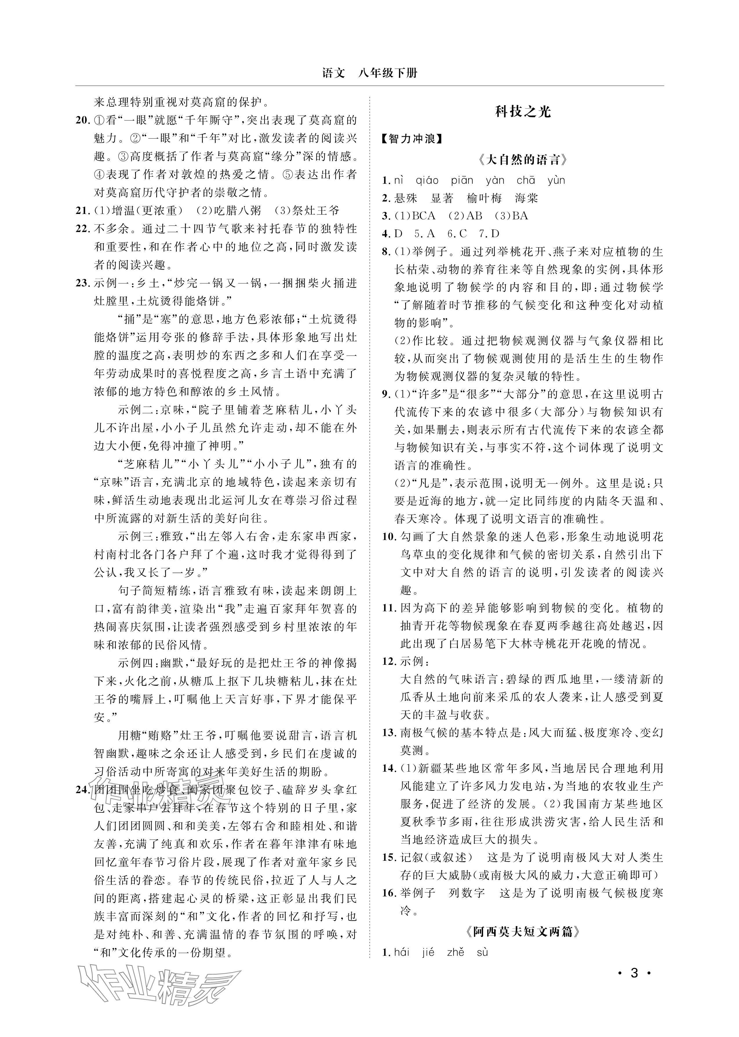 2025年行知天下八年级语文下册人教版&nbsp;参考答案第3页