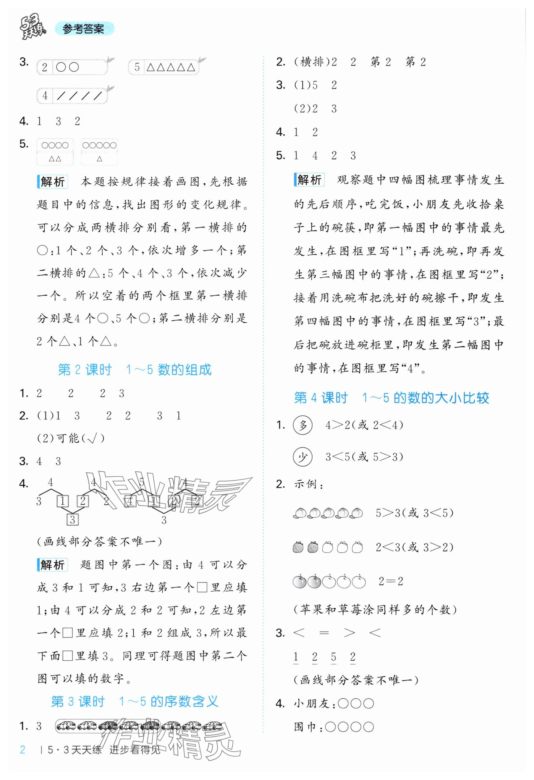 2025年53天天练一年级数学上册青岛版&nbsp;参考答案第2页