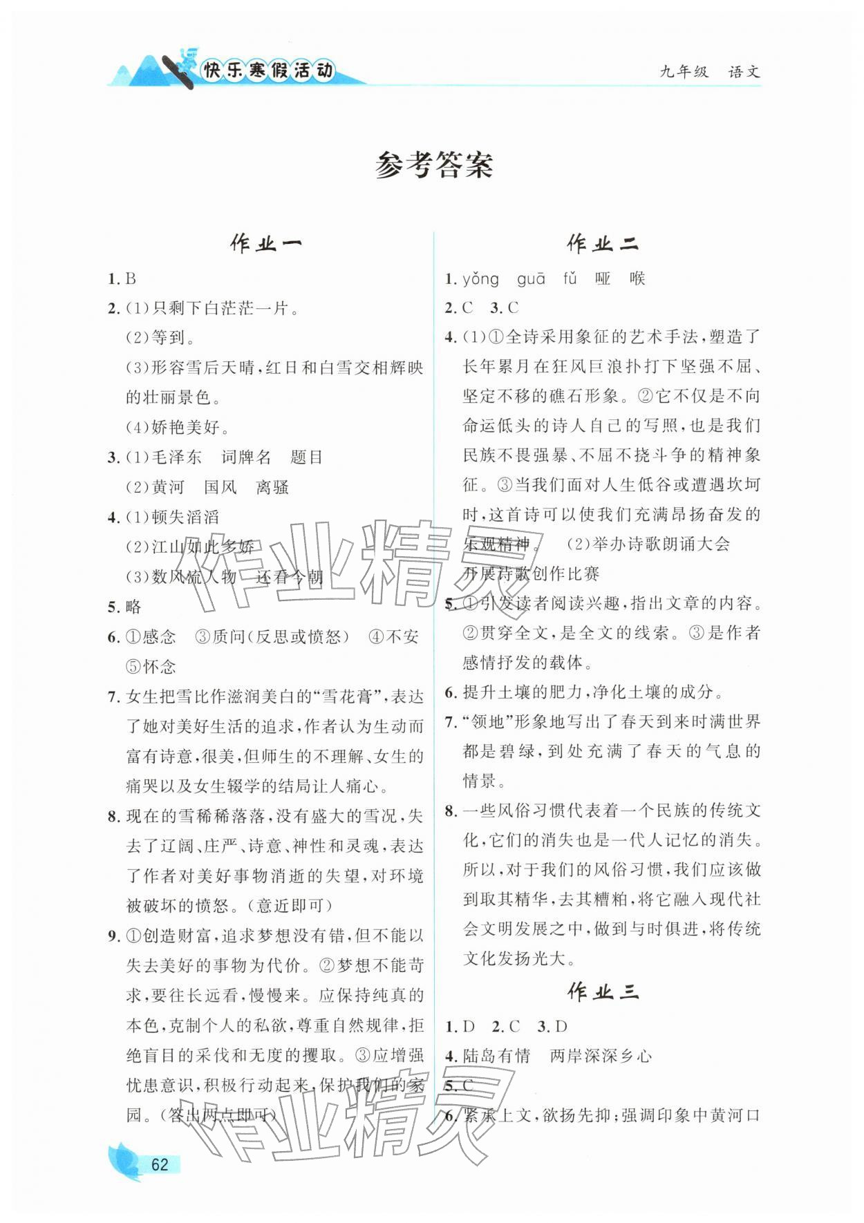 2026年快乐寒假活动九年级语文&nbsp;参考答案第1页