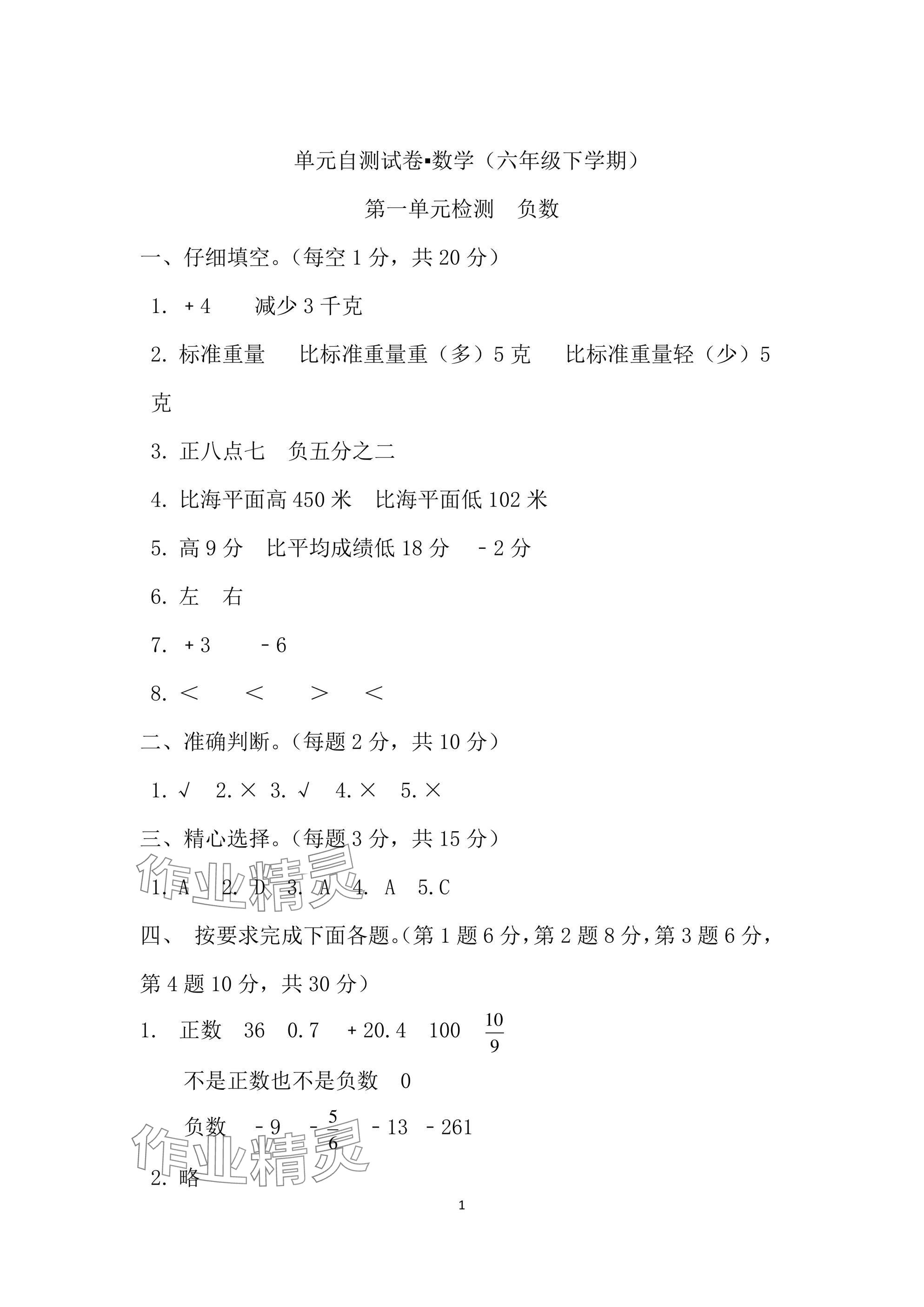 2025年单元自测试卷六年级数学下学期人教版&nbsp;参考答案第1页