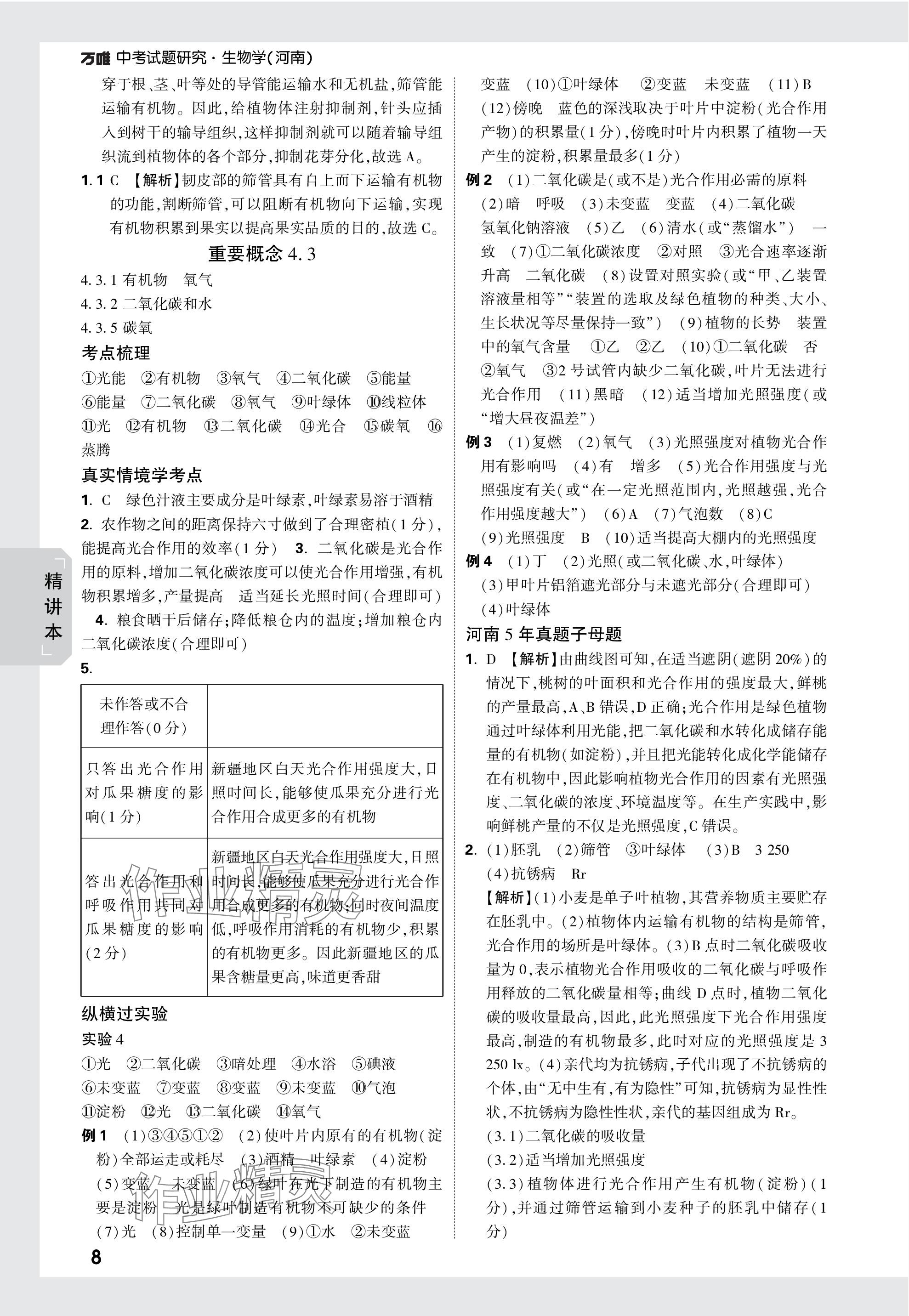 2024年万唯中考试题研究生物河南专版&nbsp;参考答案第8页