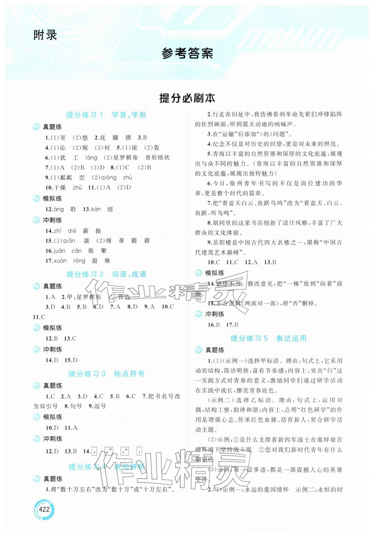 2026年中考先锋中考总复习九年级语文人教版&nbsp;参考答案第1页