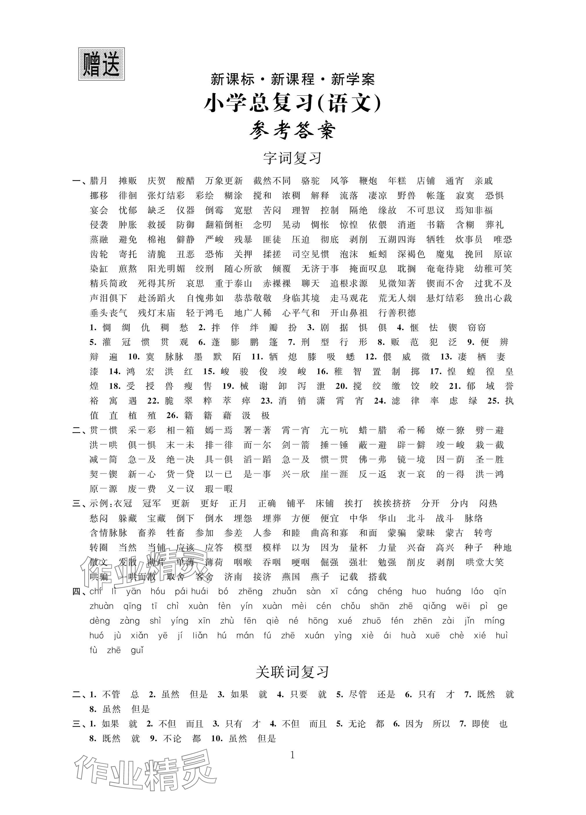 2025年新课标新课程新学案小学总复习语文&nbsp;参考答案第1页