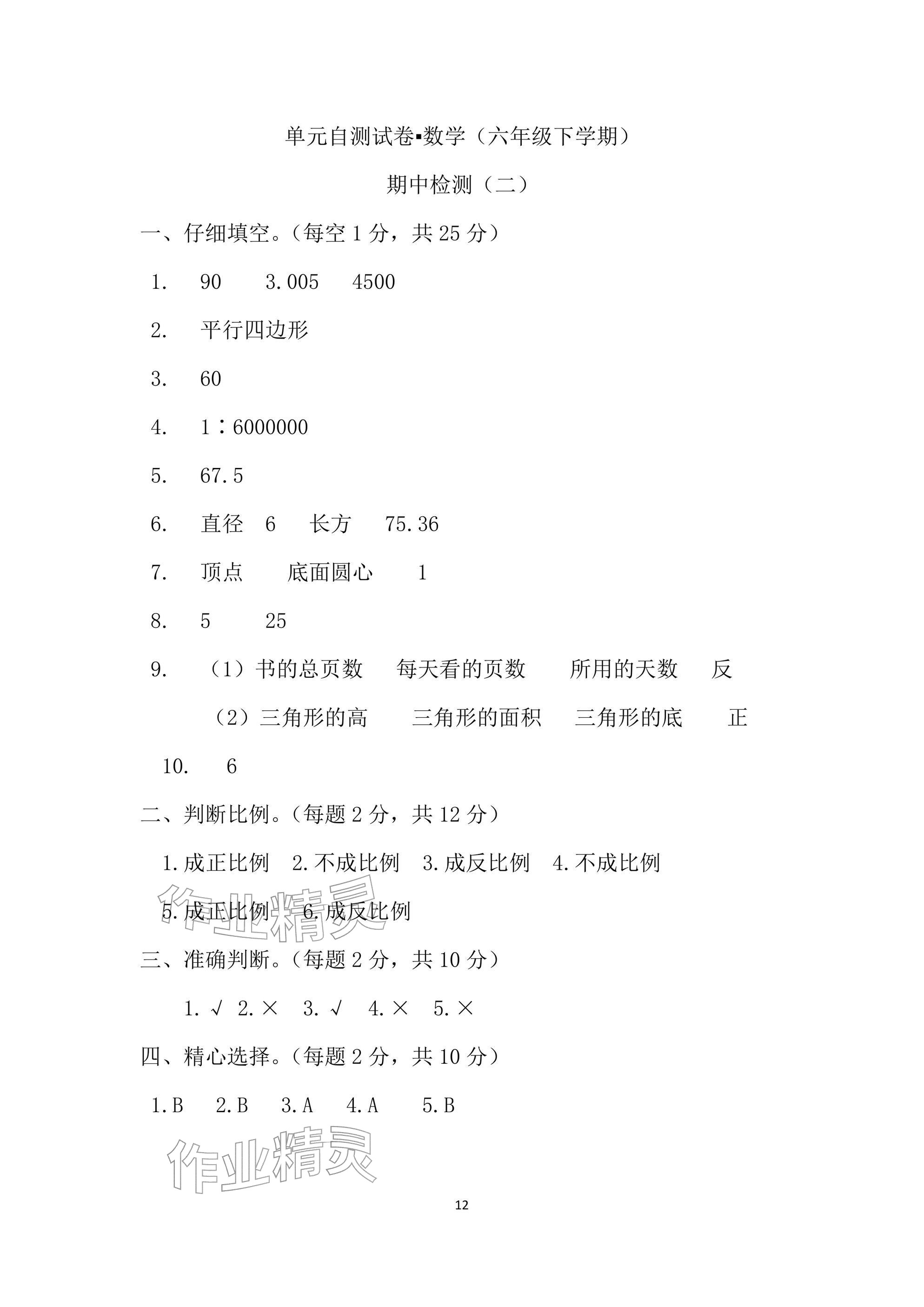 2025年单元自测试卷六年级数学下学期人教版&nbsp;参考答案第12页