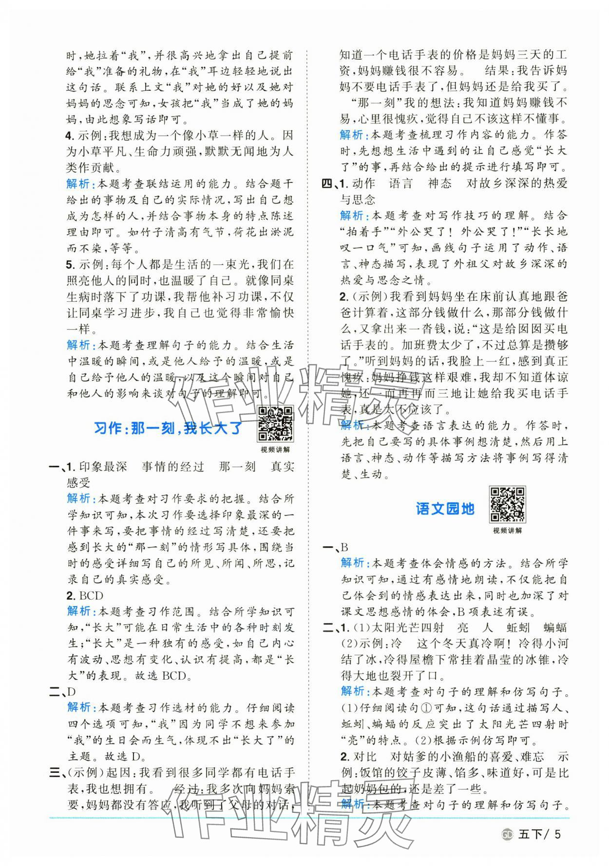 2025年阳光同学课时优化作业五年级语文下册人教版广东专版&nbsp;参考答案第5页