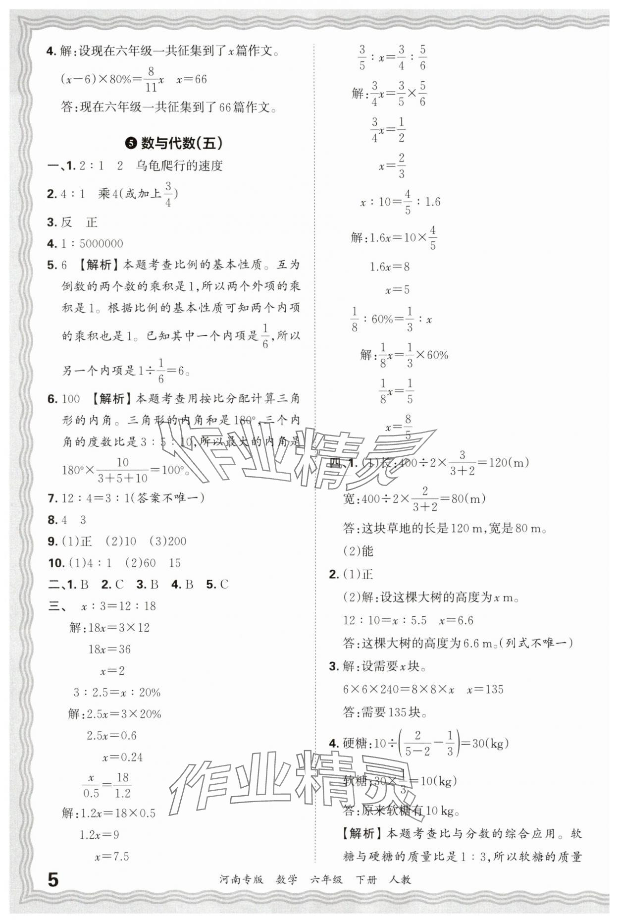 2025年王朝霞各地期末试卷精选六年级数学下册人教版河南专版&nbsp;参考答案第5页