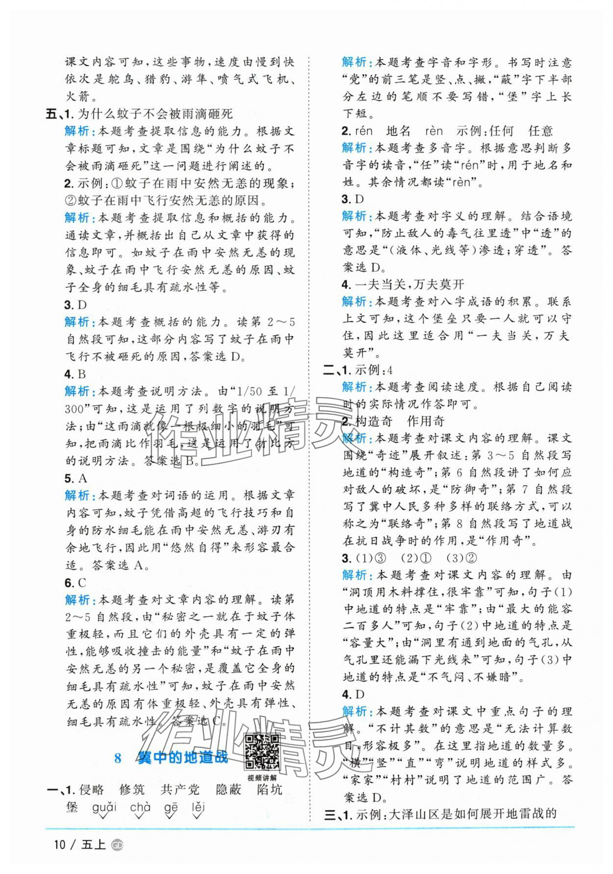 2024年阳光同学课时优化作业五年级语文上册人教版广东专版&nbsp;参考答案第10页