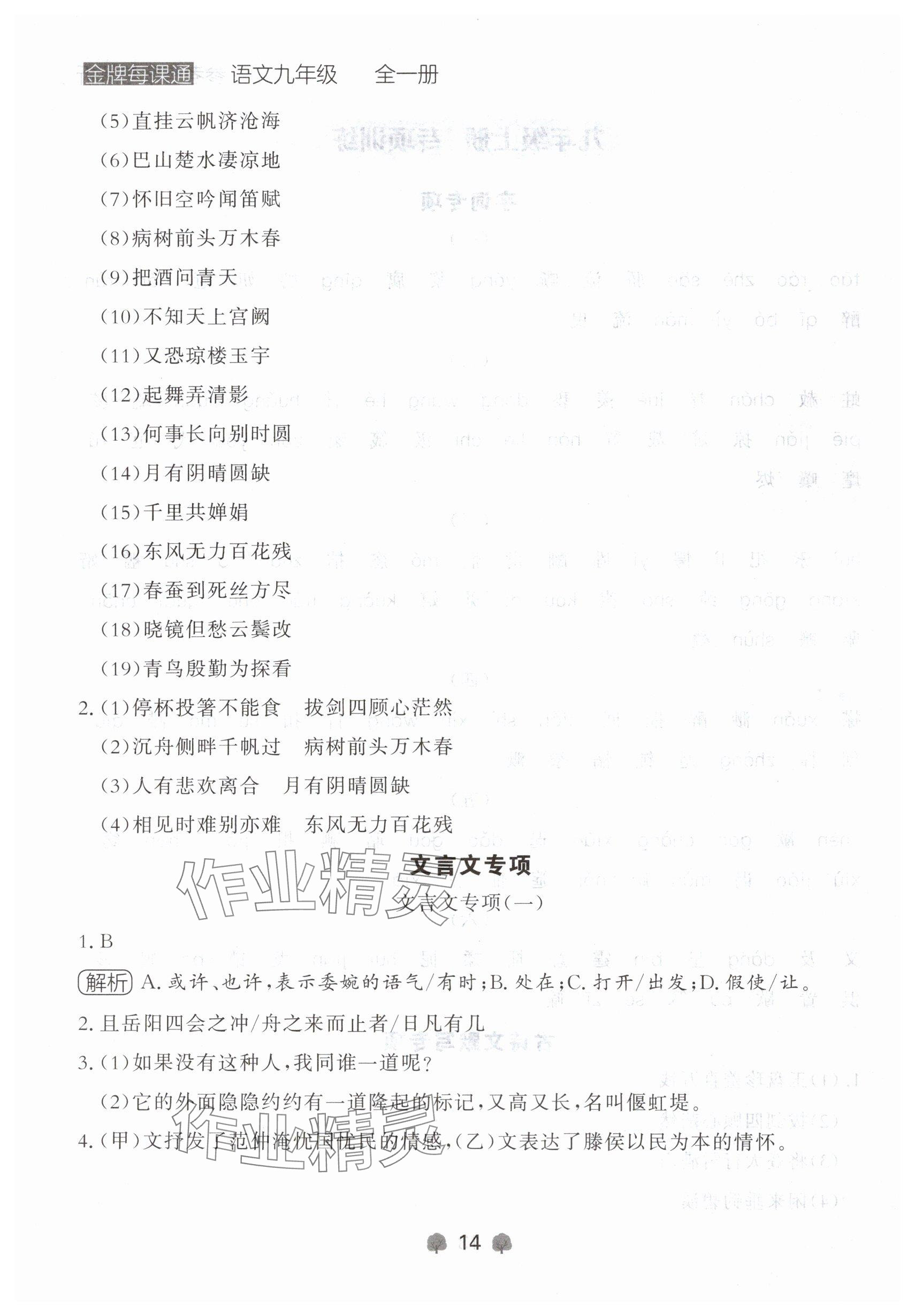 2024年点石成金金牌每课通九年级语文全一册人教版辽宁专版&nbsp;参考答案第14页