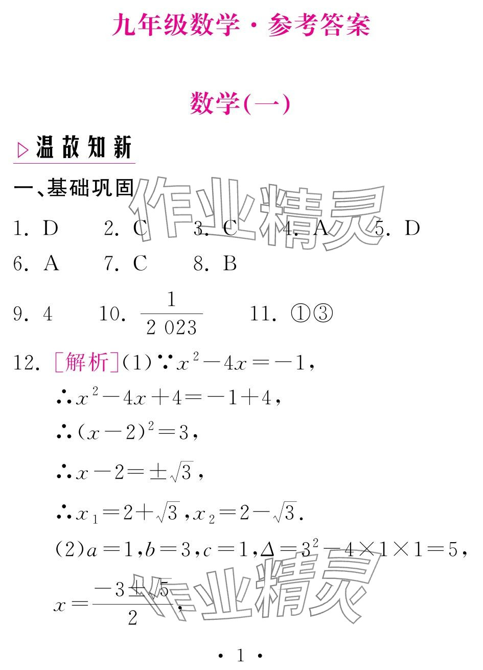 2024年天舟文化精彩寒假团结出版社九年级数学&nbsp;参考答案第1页