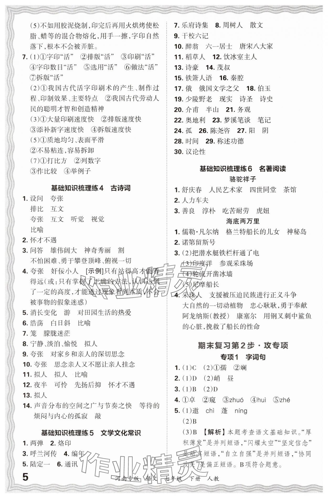 2024年王朝霞各地期末试卷精选七年级语文下册人教版河南专版&nbsp;参考答案第5页