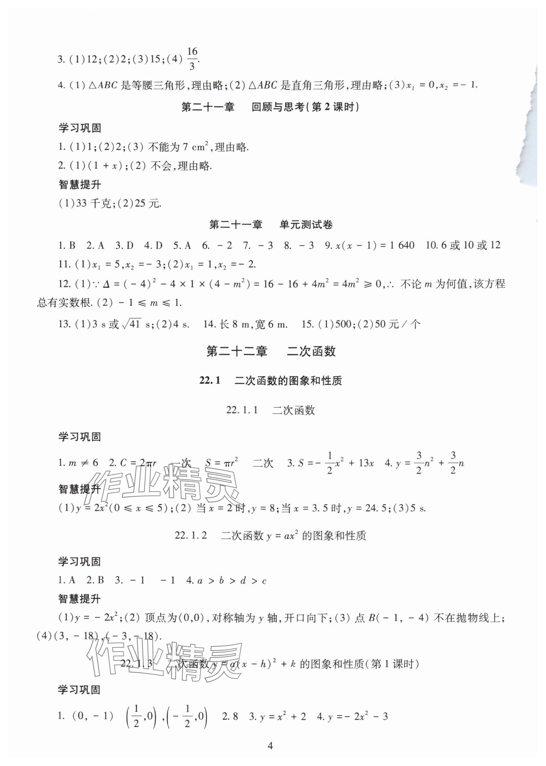 2025年智慧学习明天出版社九年级数学全一册人教版&nbsp;参考答案第4页