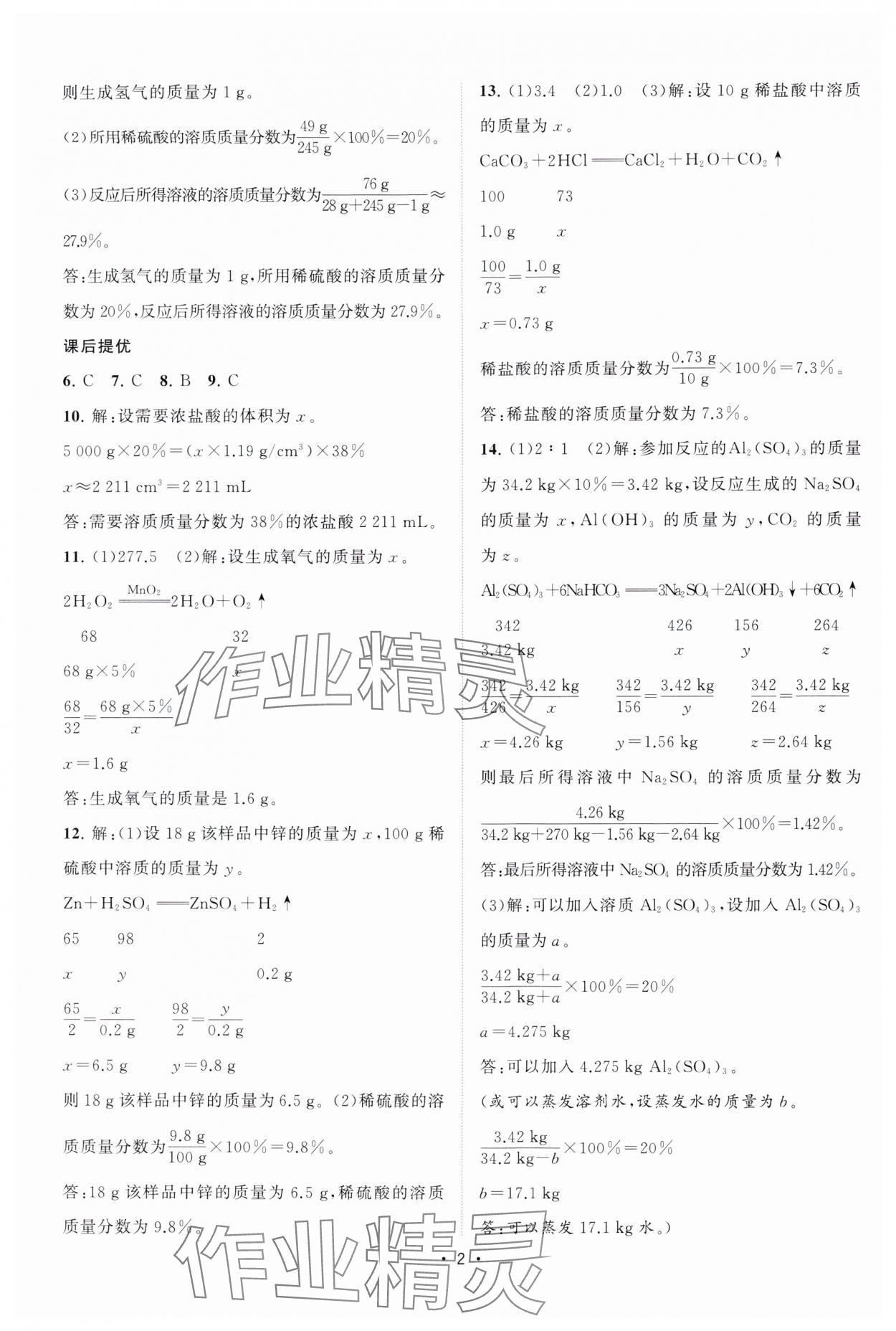 2025年课时提优计划作业本九年级化学下册沪教版&nbsp;参考答案第2页