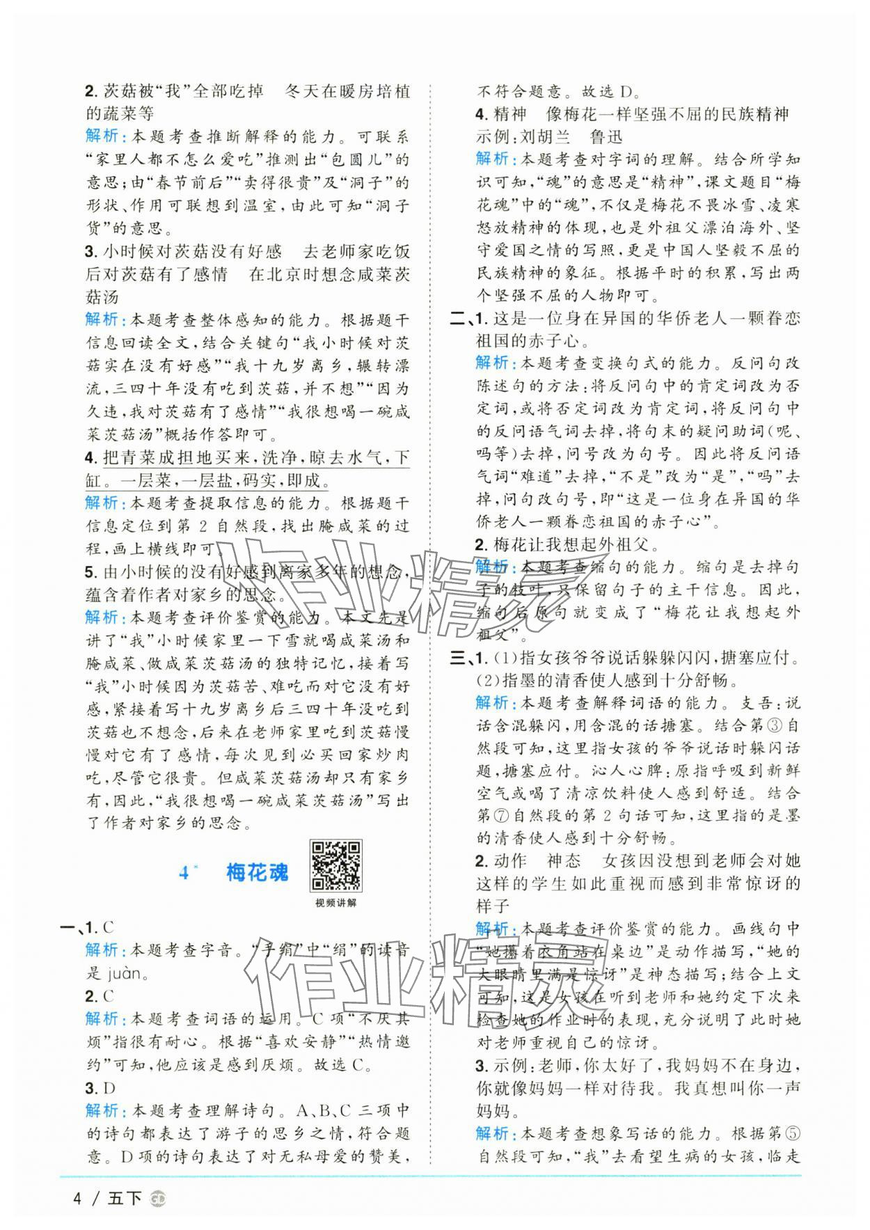 2025年阳光同学课时优化作业五年级语文下册人教版广东专版&nbsp;参考答案第4页