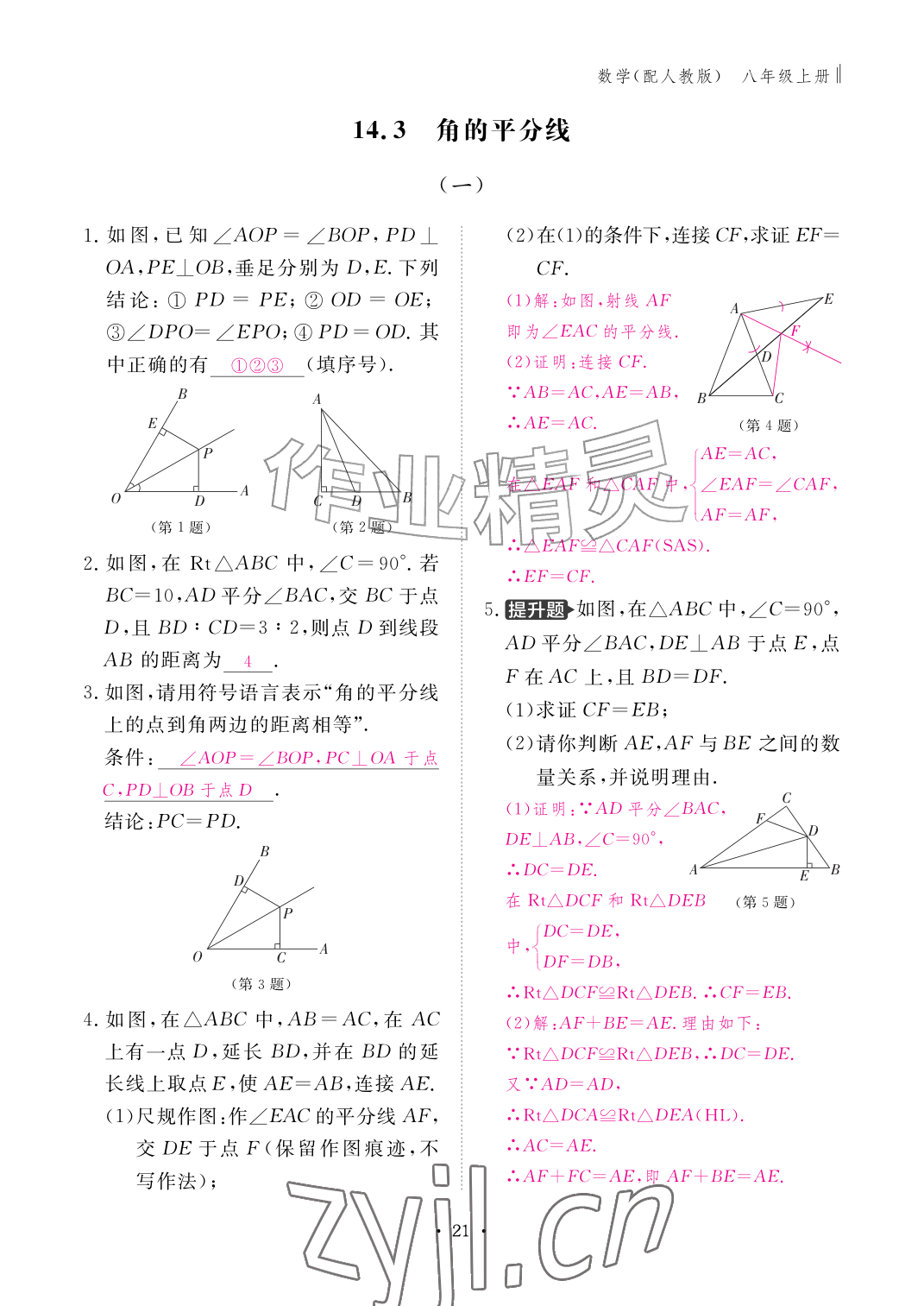 2026年作业本江西教育出版社八年级数学上册人教版&nbsp;参考答案第21页