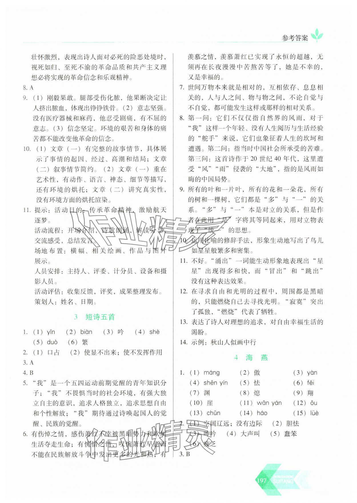 2025年随堂同步练习九年级语文下册人教版&nbsp;参考答案第2页