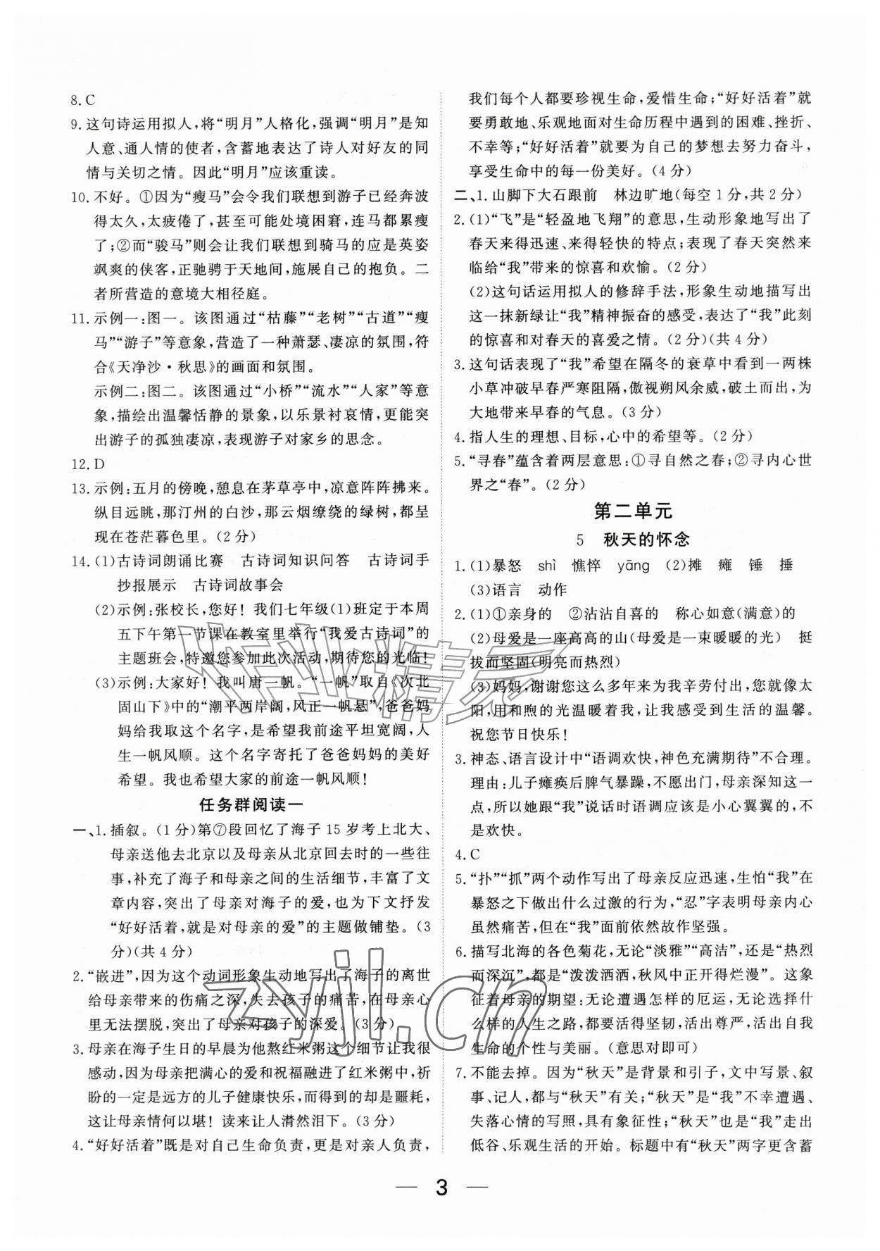 2026年我的作业七年级语文上册人教版河南专版&nbsp;参考答案第3页
