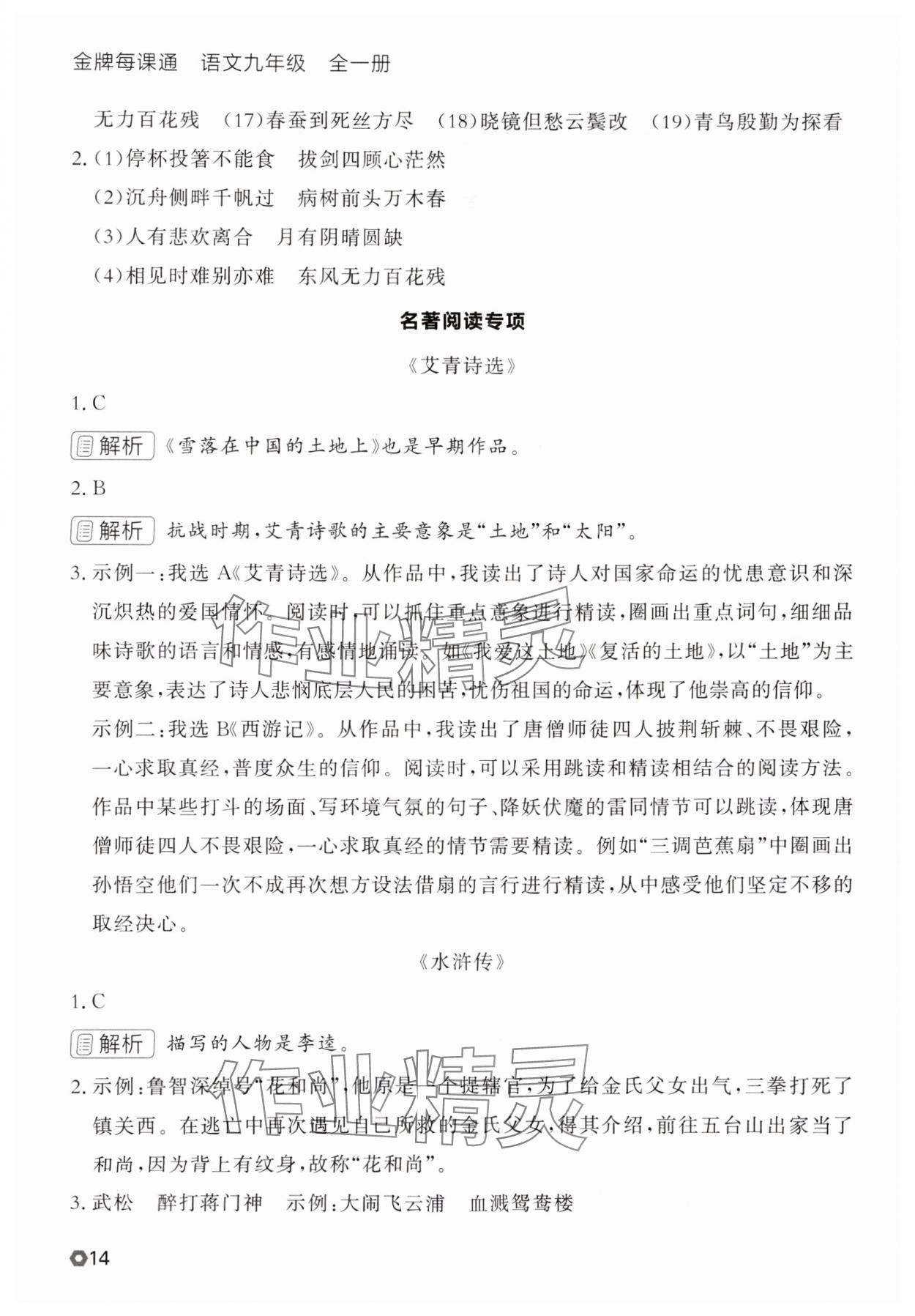 2025年点石成金金牌每课通九年级语文全一册人教版辽宁专版&nbsp;参考答案第14页