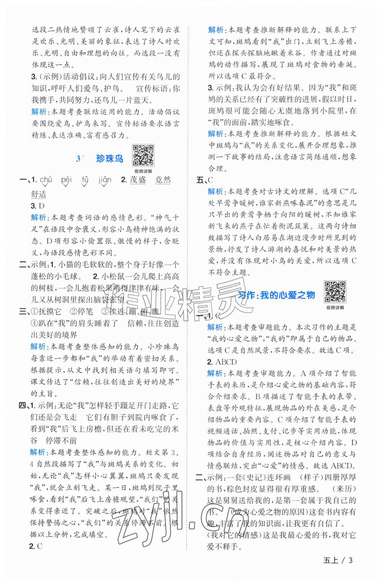 2026年阳光同学课时优化作业五年级语文上册人教版广东专版&nbsp;参考答案第3页