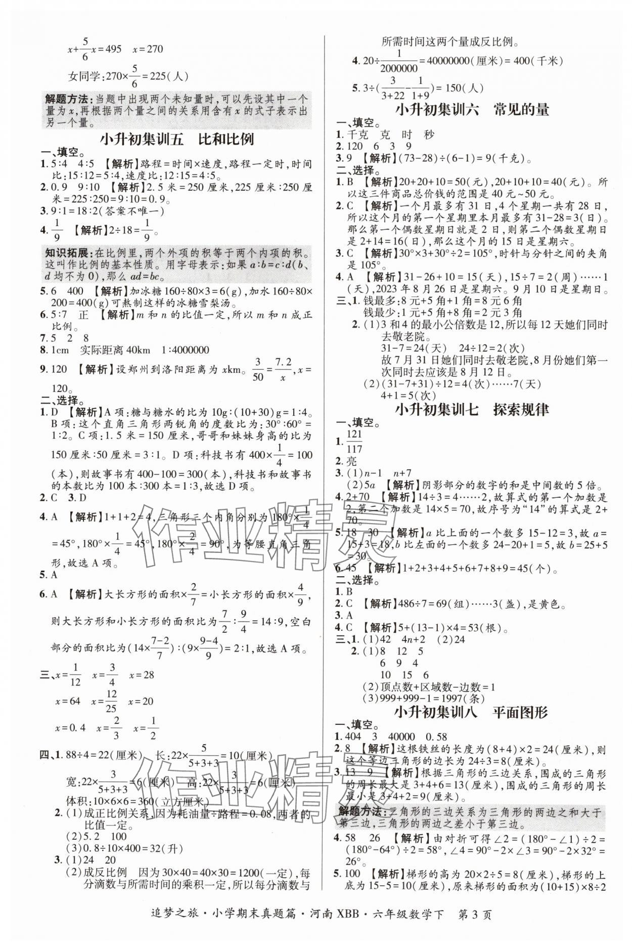 2024年追梦之旅小学期末真题篇六年级数学下册北师大版河南专版&nbsp;参考答案第3页