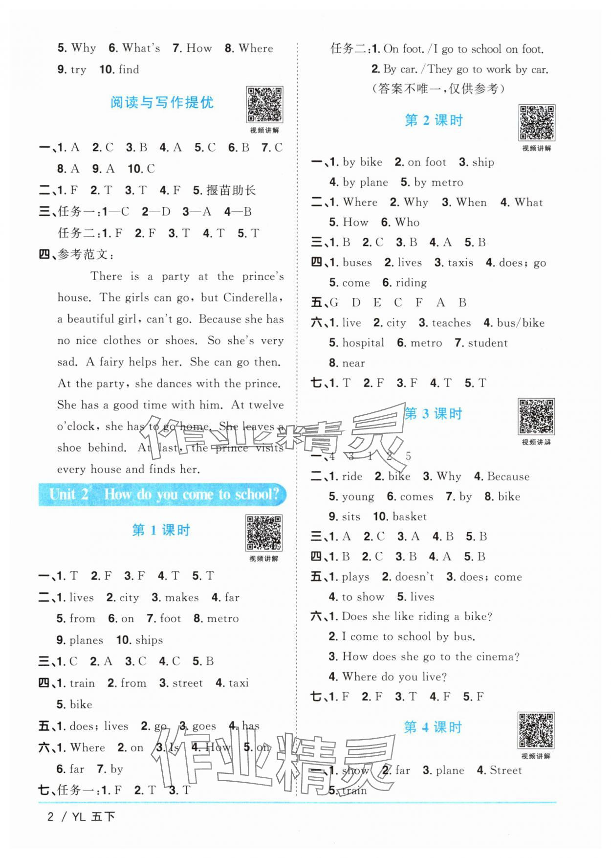 2024年阳光同学课时优化作业五年级英语下册译林版江苏专版&nbsp;参考答案第2页