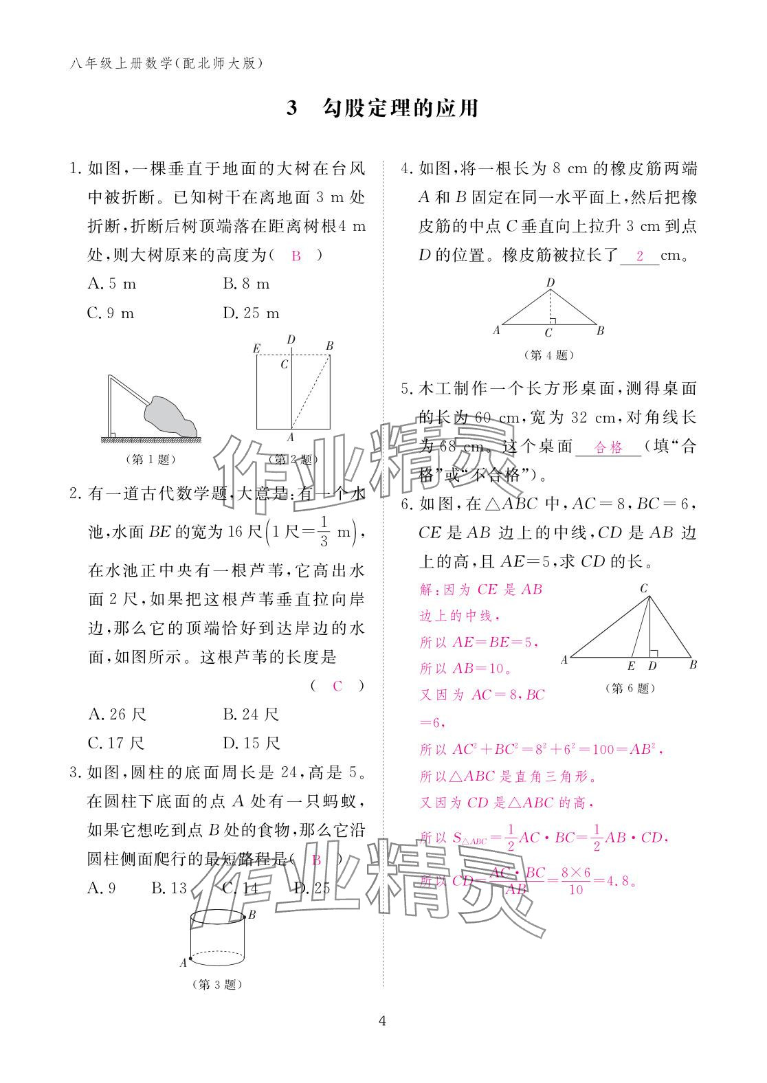 2025年作业本江西教育出版社八年级数学上册北师大版&nbsp;参考答案第4页