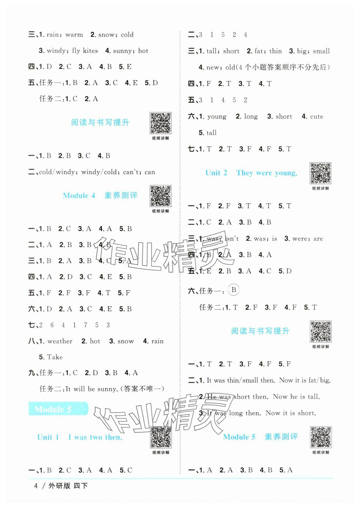 2025年阳光同学课时优化作业四年级英语下册外研版&nbsp;参考答案第4页