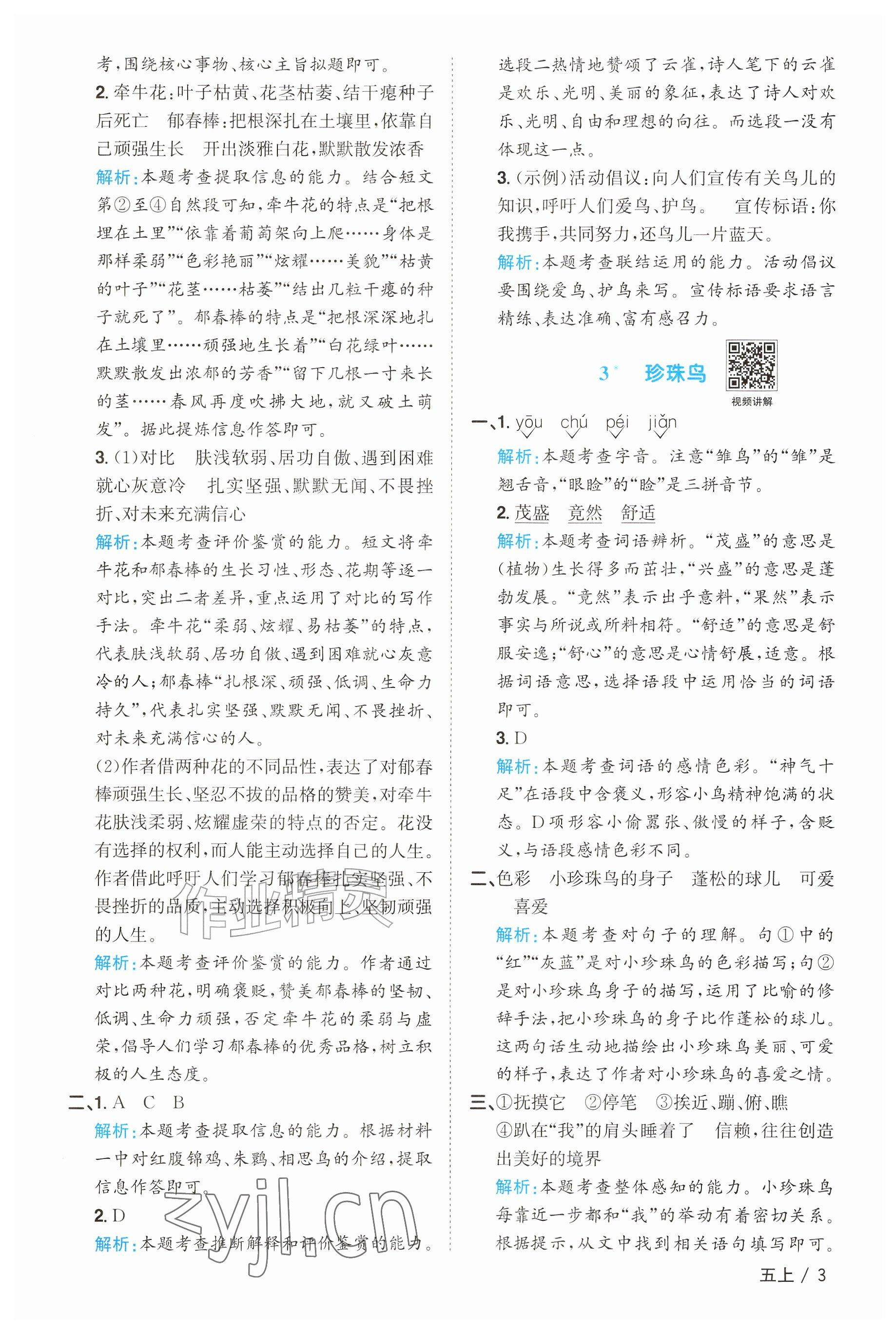 2026年阳光同学课时优化作业五年级语文上册人教版&nbsp;参考答案第3页