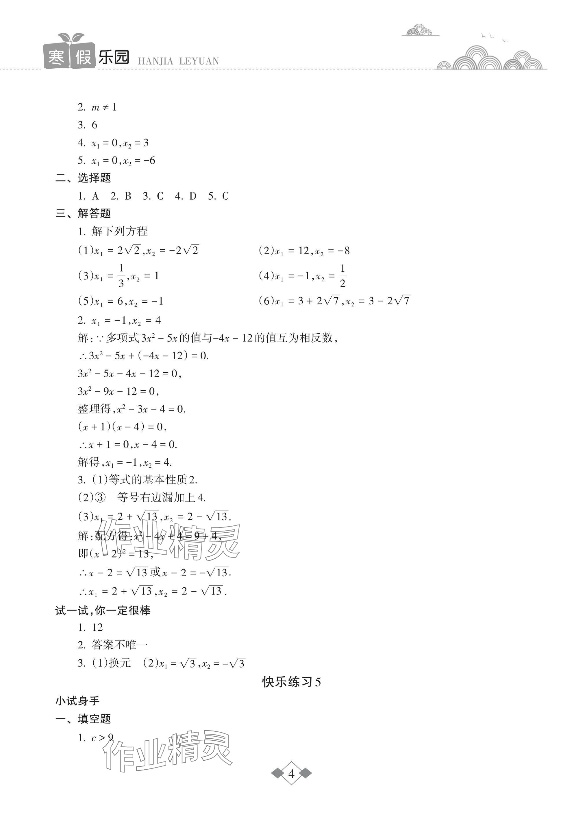 2025年寒假乐园海南出版社九年级数学华师大版&nbsp;参考答案第4页