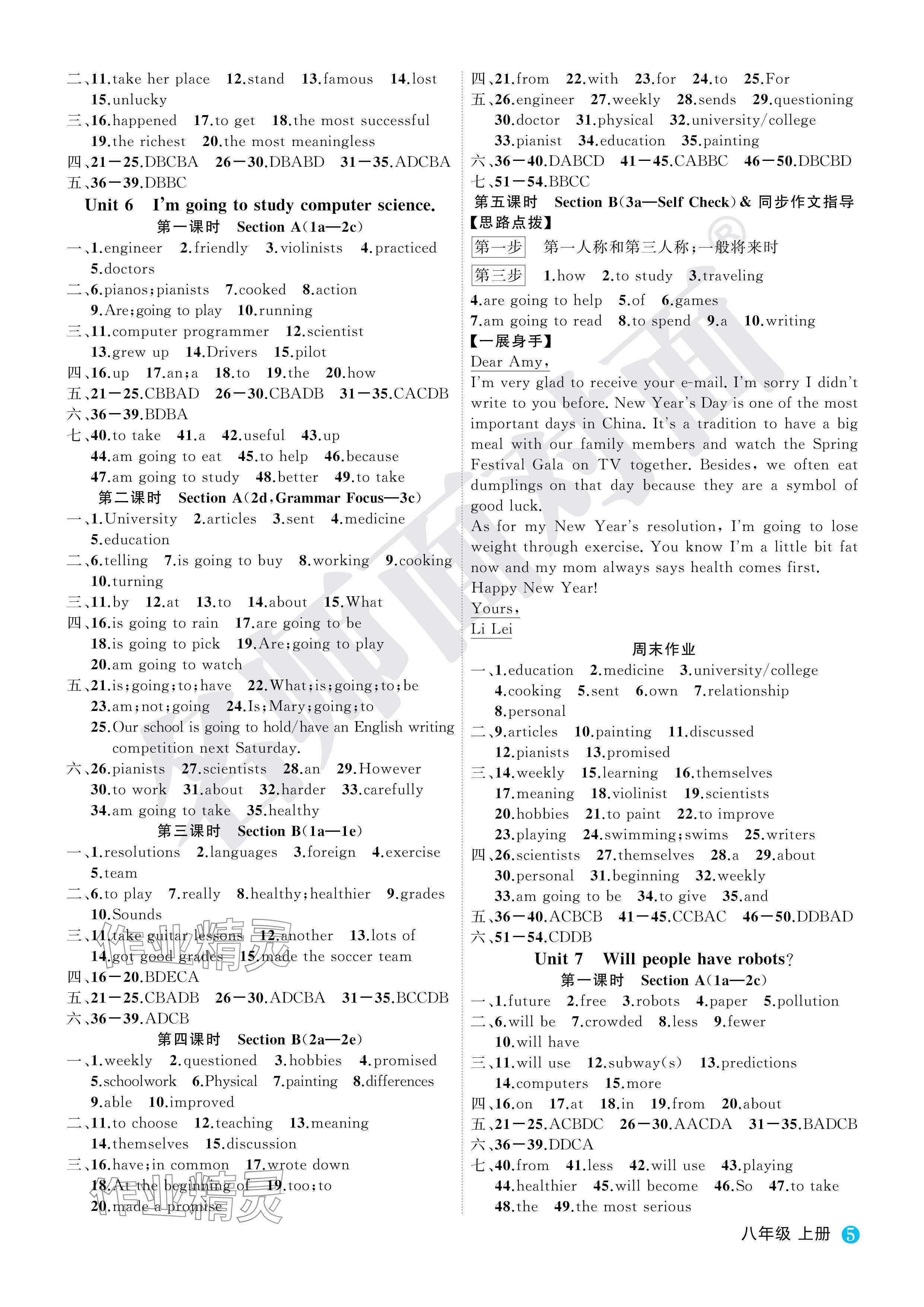 2024年名师面对面学科素养评价八年级英语上册人教版&nbsp;参考答案第5页