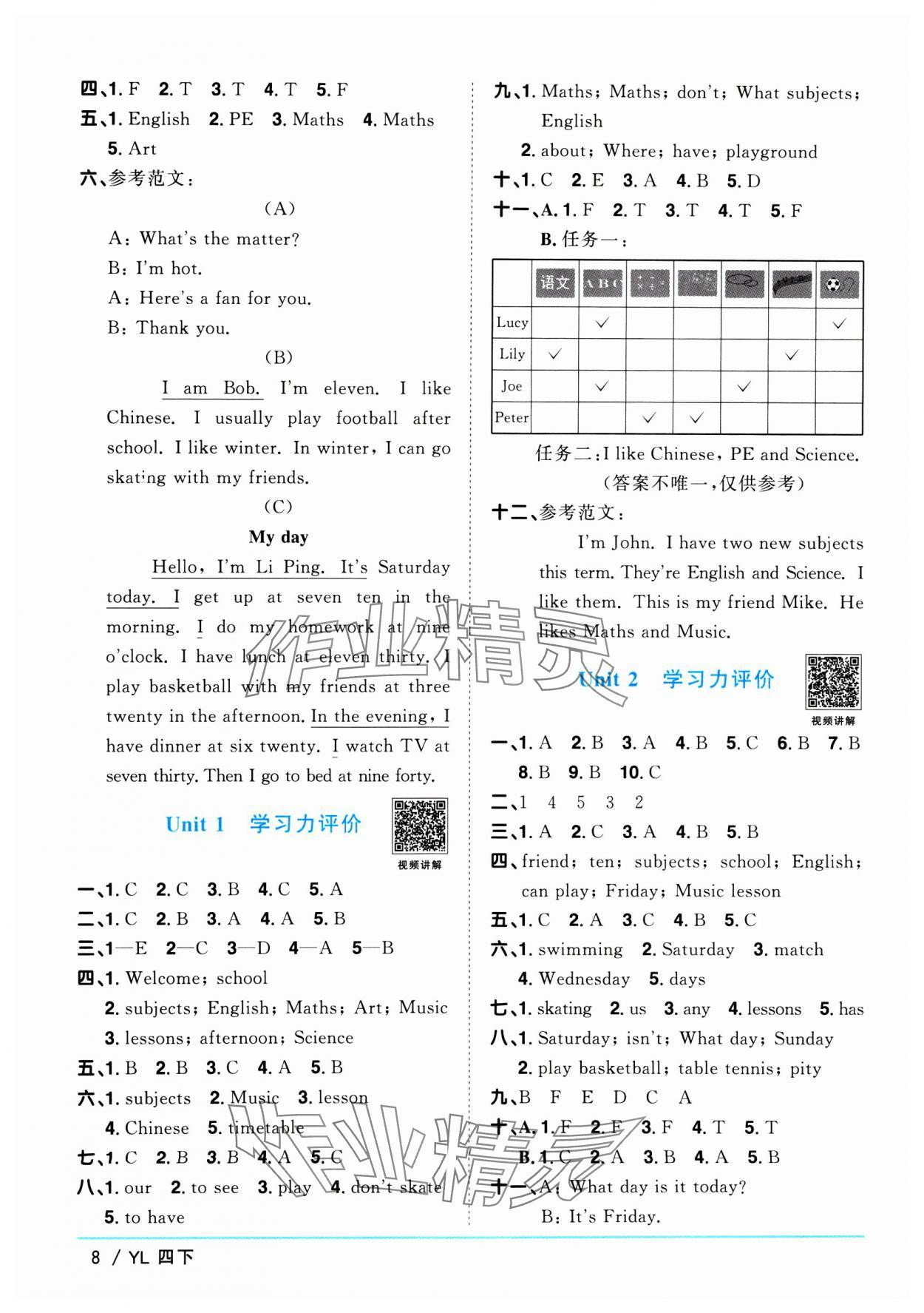 2025年阳光同学课时优化作业四年级英语下册译林版江苏专版&nbsp;第8页