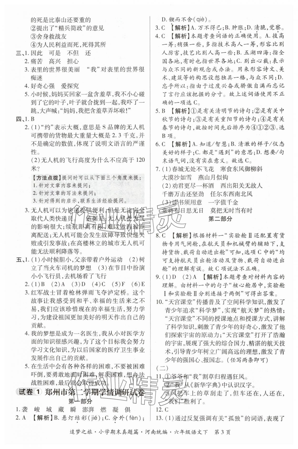 2024年追梦之旅小学期末真题篇六年级语文下册人教版河南专版&nbsp;参考答案第3页