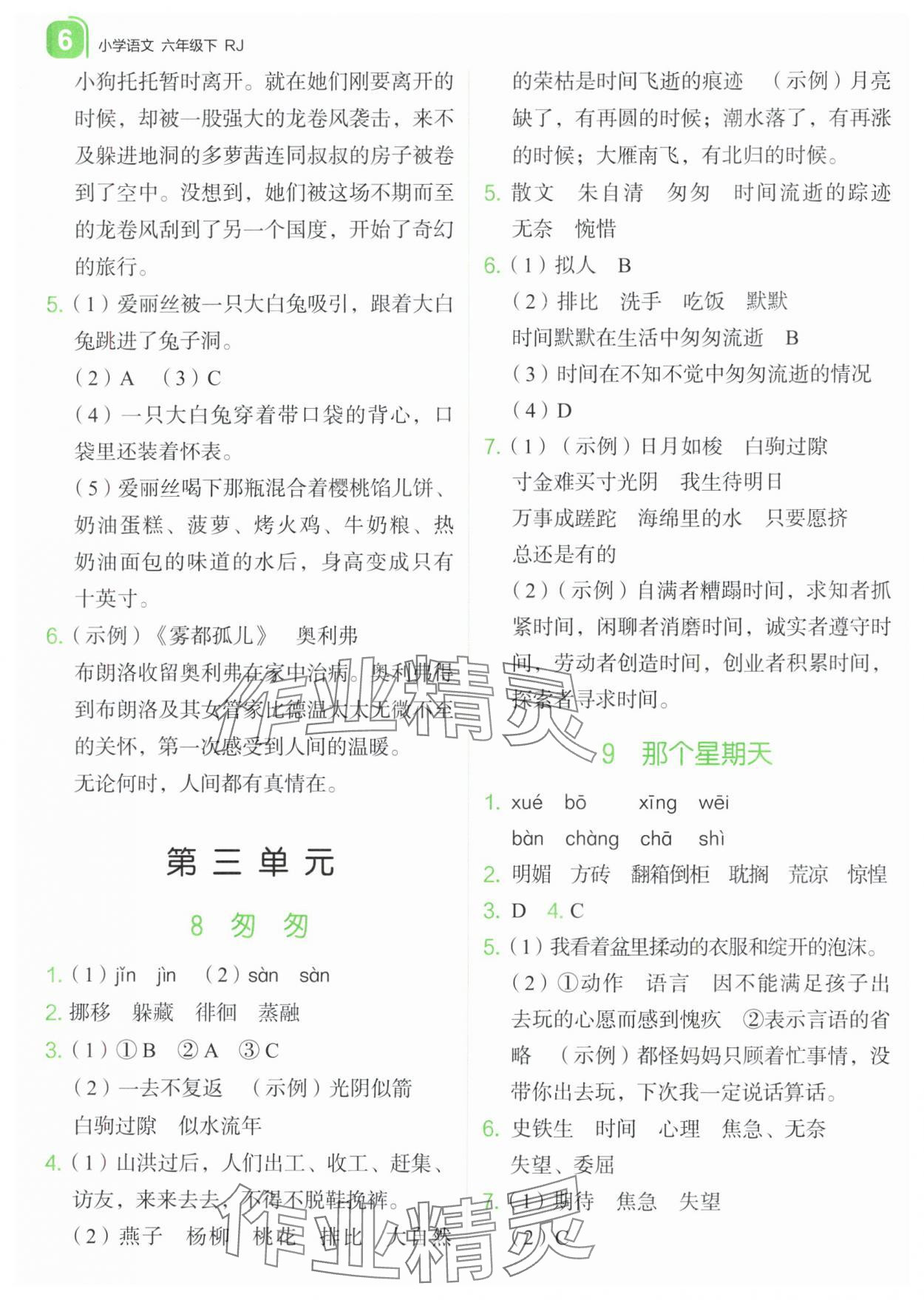 2024年新东方优学练六年级语文下册人教版&nbsp;参考答案第6页