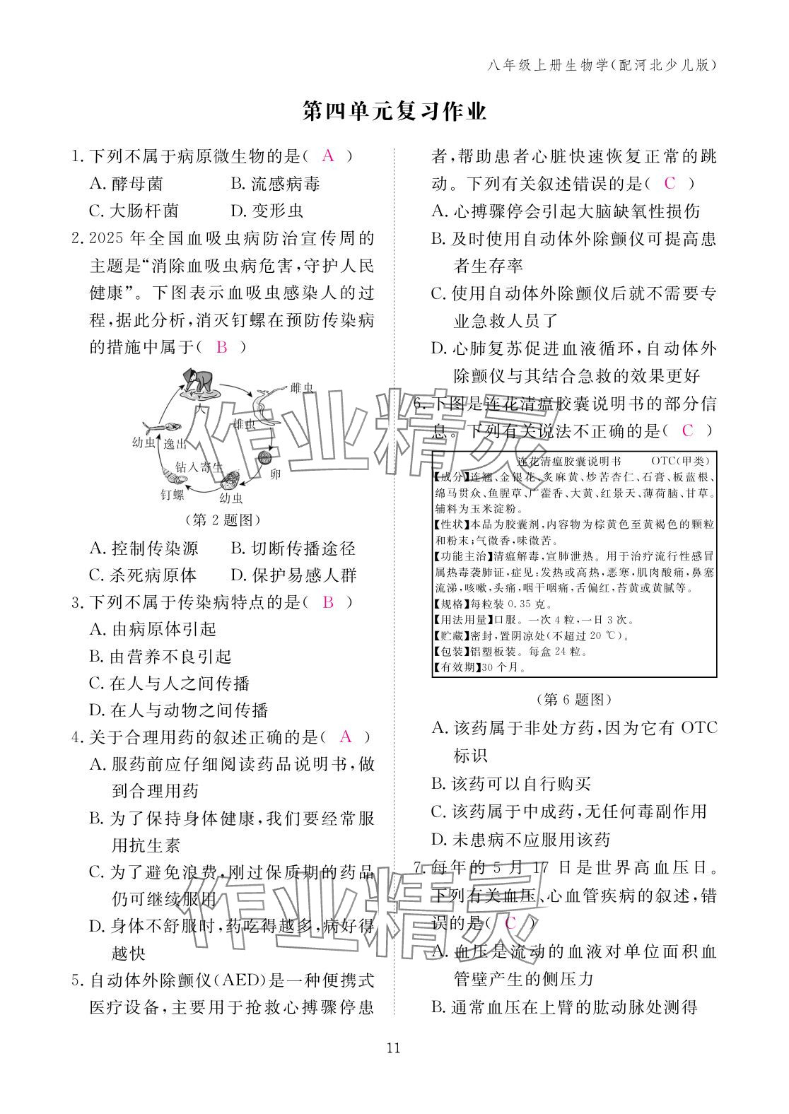 2025年作业本江西教育出版社八年级生物上册冀少版&nbsp;参考答案第11页