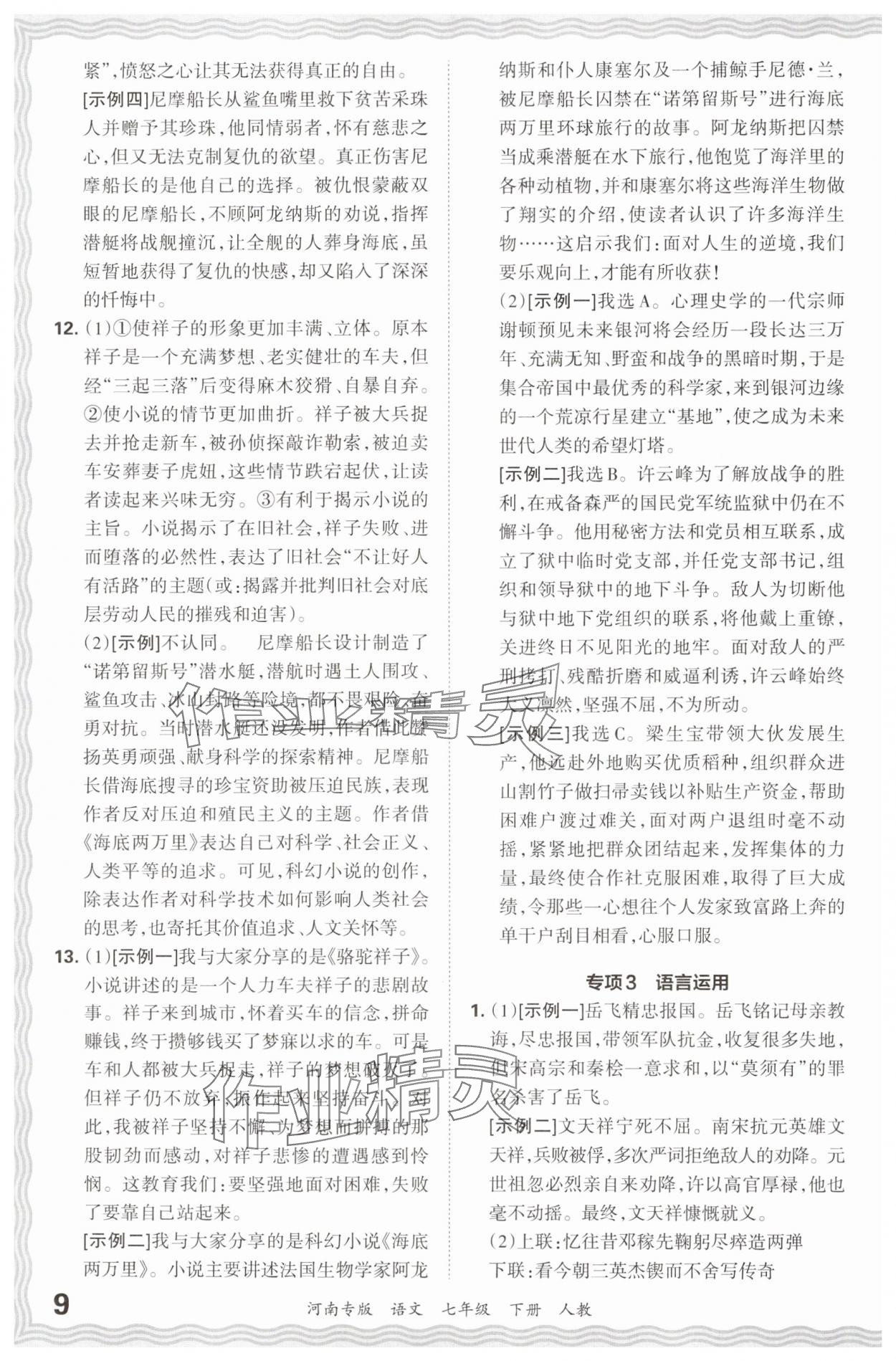 2024年王朝霞各地期末试卷精选七年级语文下册人教版河南专版&nbsp;参考答案第9页